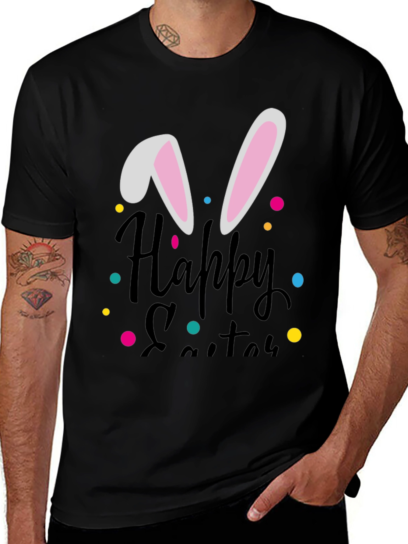 Happy Easter Bunny Ear T-Shirt - Black