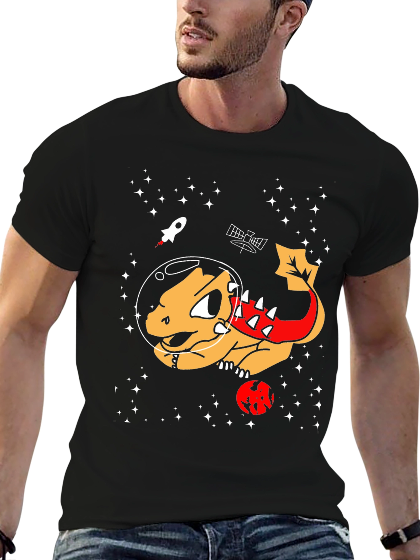 Space Dinosaur Graphic T-Shirt - Black Cotton Tee