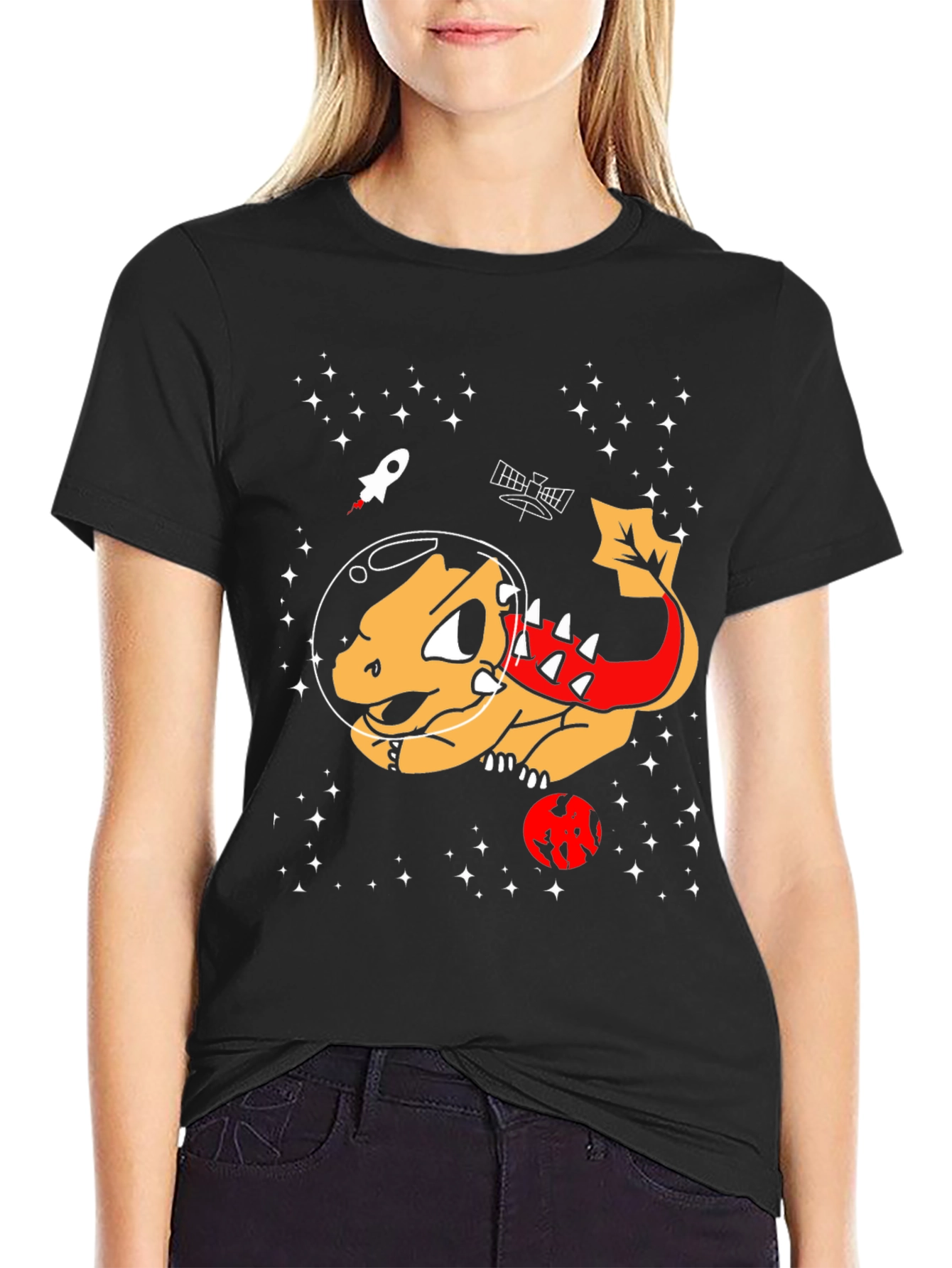 Space Dinosaur Graphic T-Shirt - Black Cotton Tee