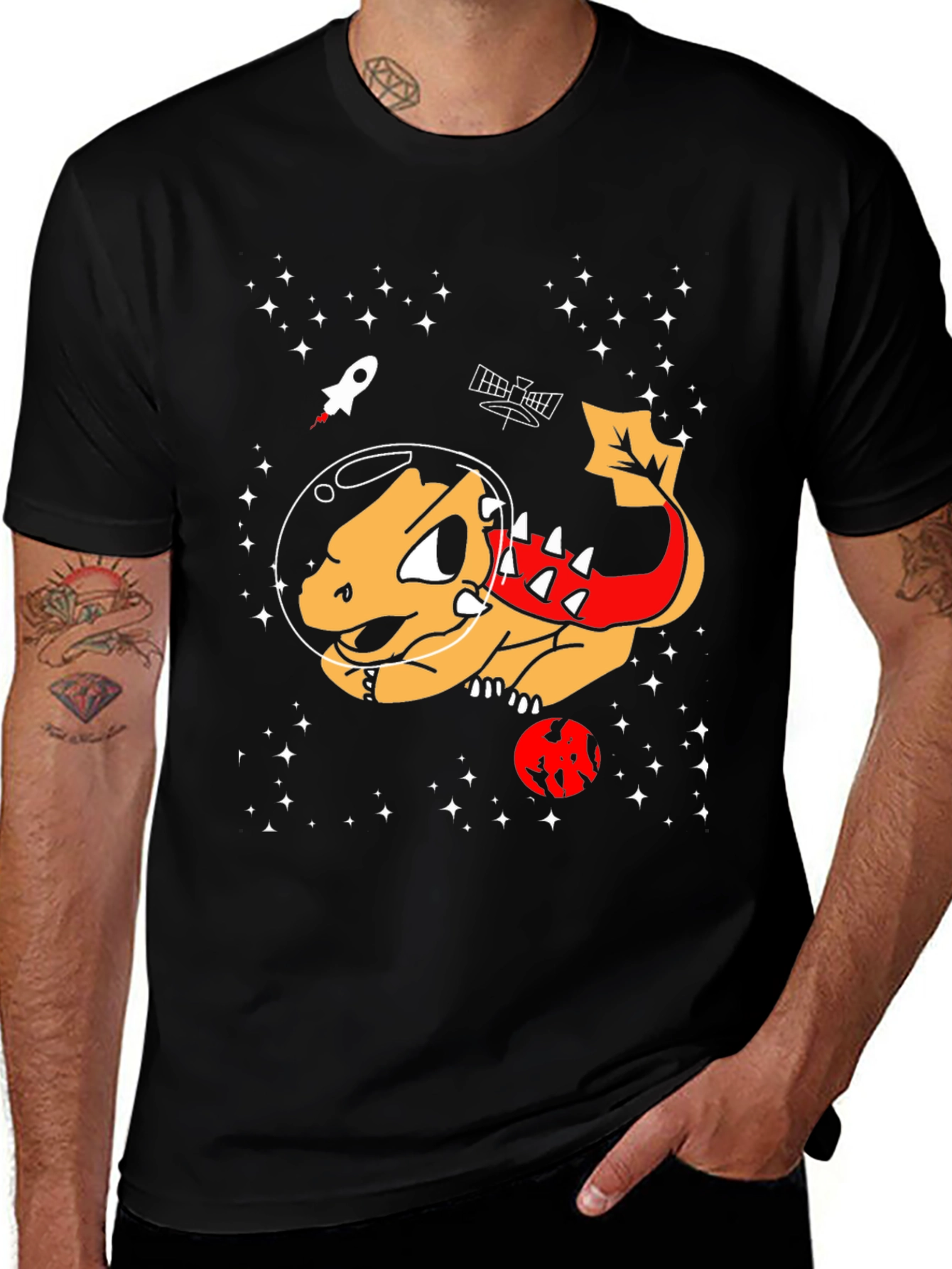 Space Dinosaur Graphic T-Shirt - Black Cotton Tee