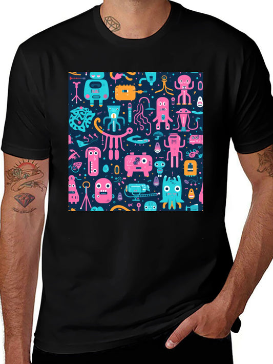 Funky Retro Robot Pattern T-Shirt