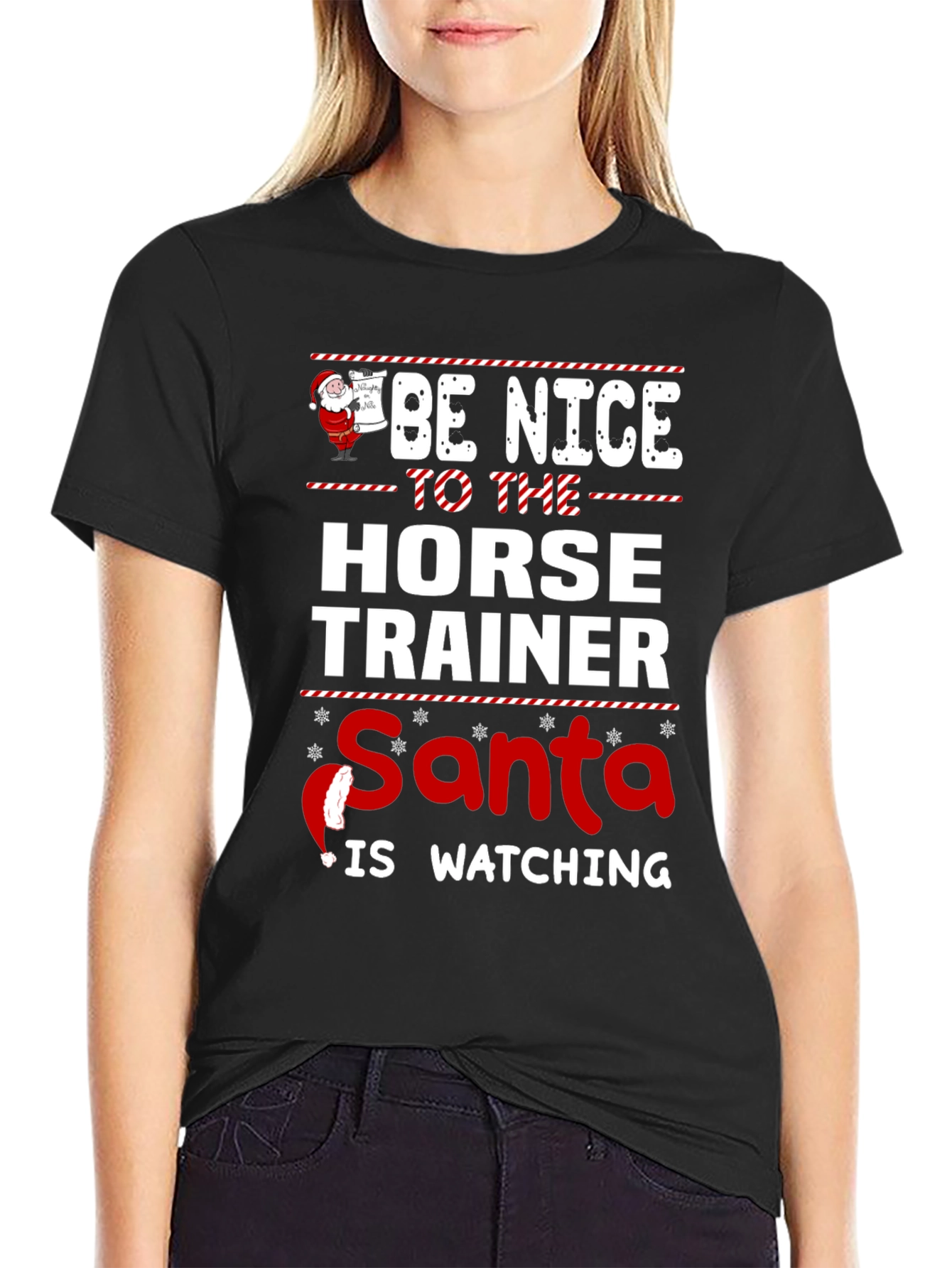 Funny Horse Trainer Santa Watching Christmas T-Shirt