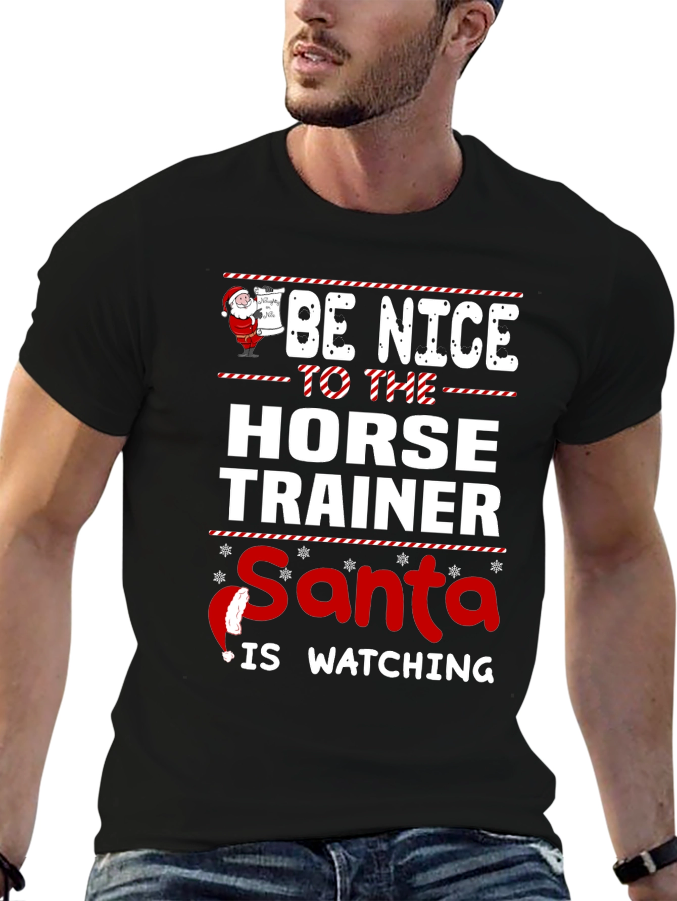 Funny Horse Trainer Santa Watching Christmas T-Shirt