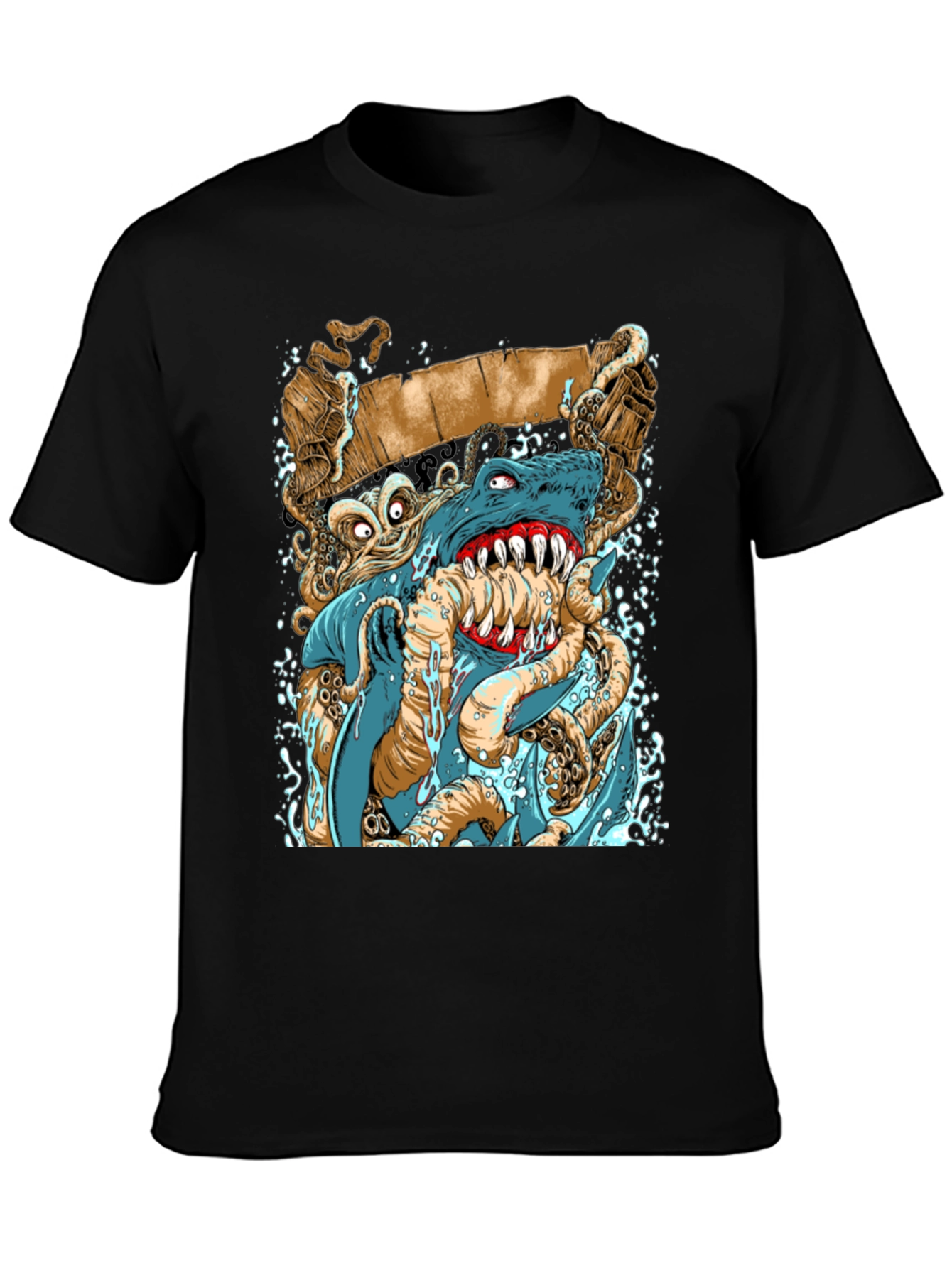 Shark vs Octopus Graphic Print Black Tee