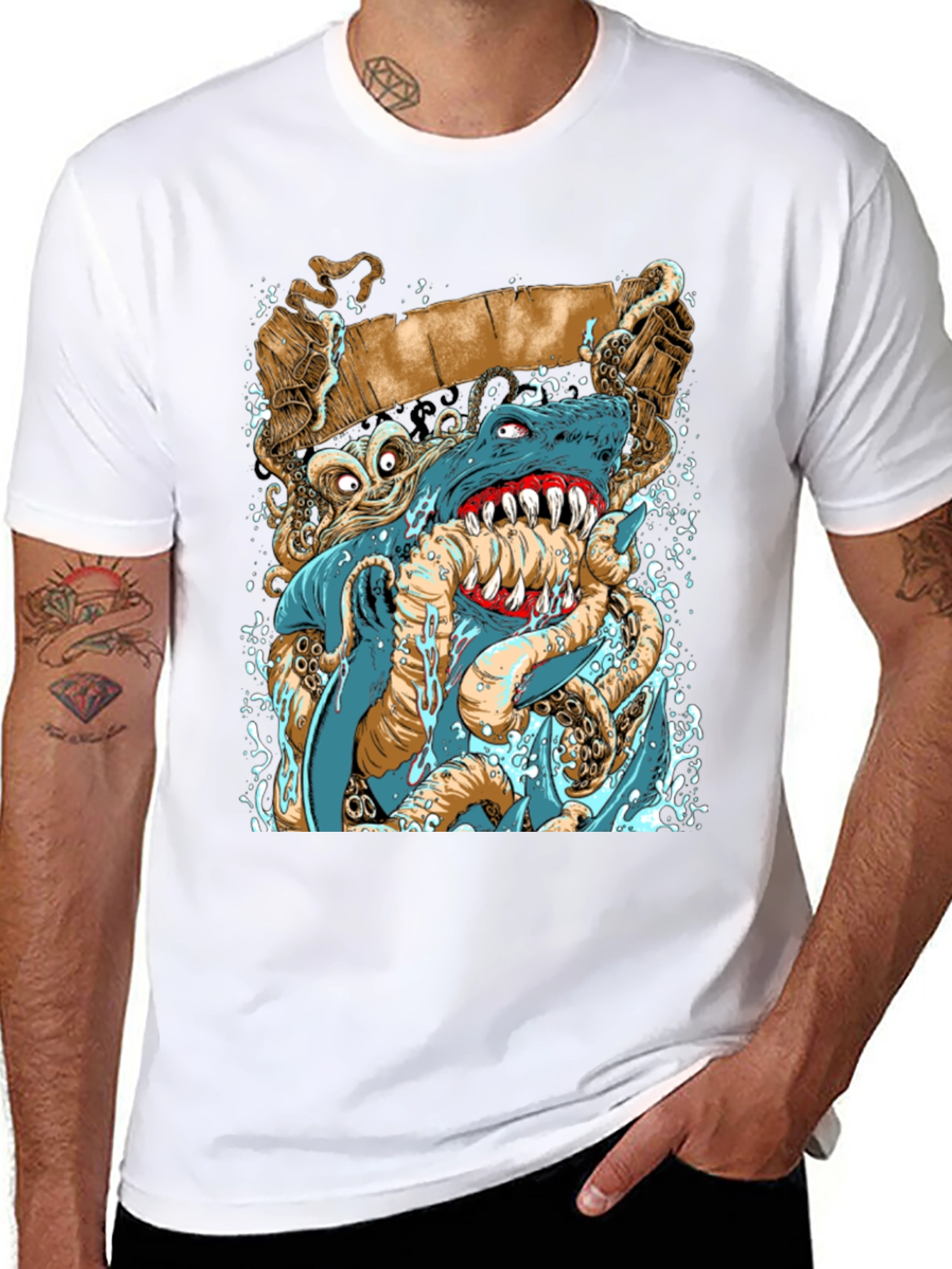 Shark vs Octopus Graphic Print Black Tee