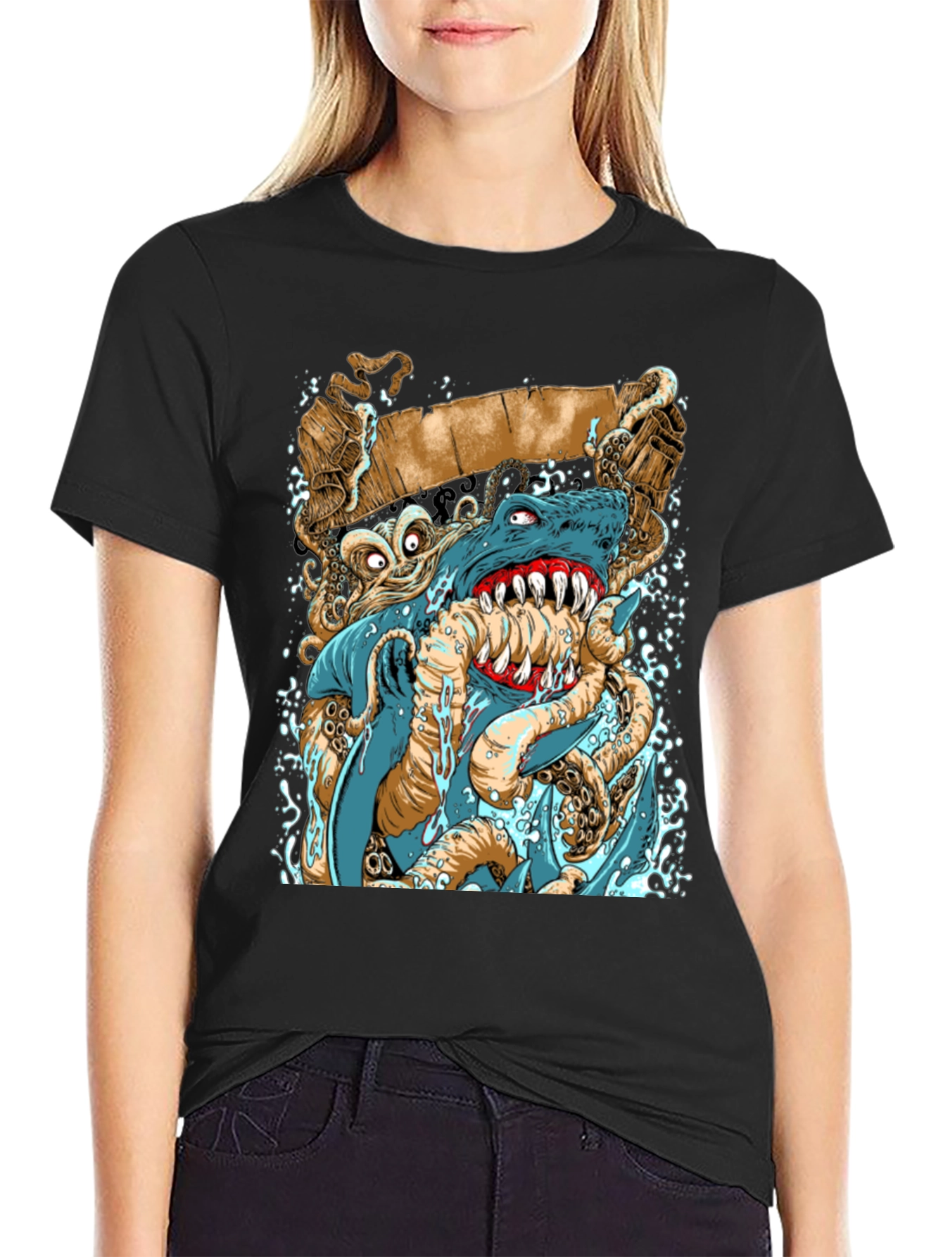 Shark vs Octopus Graphic Print Black Tee