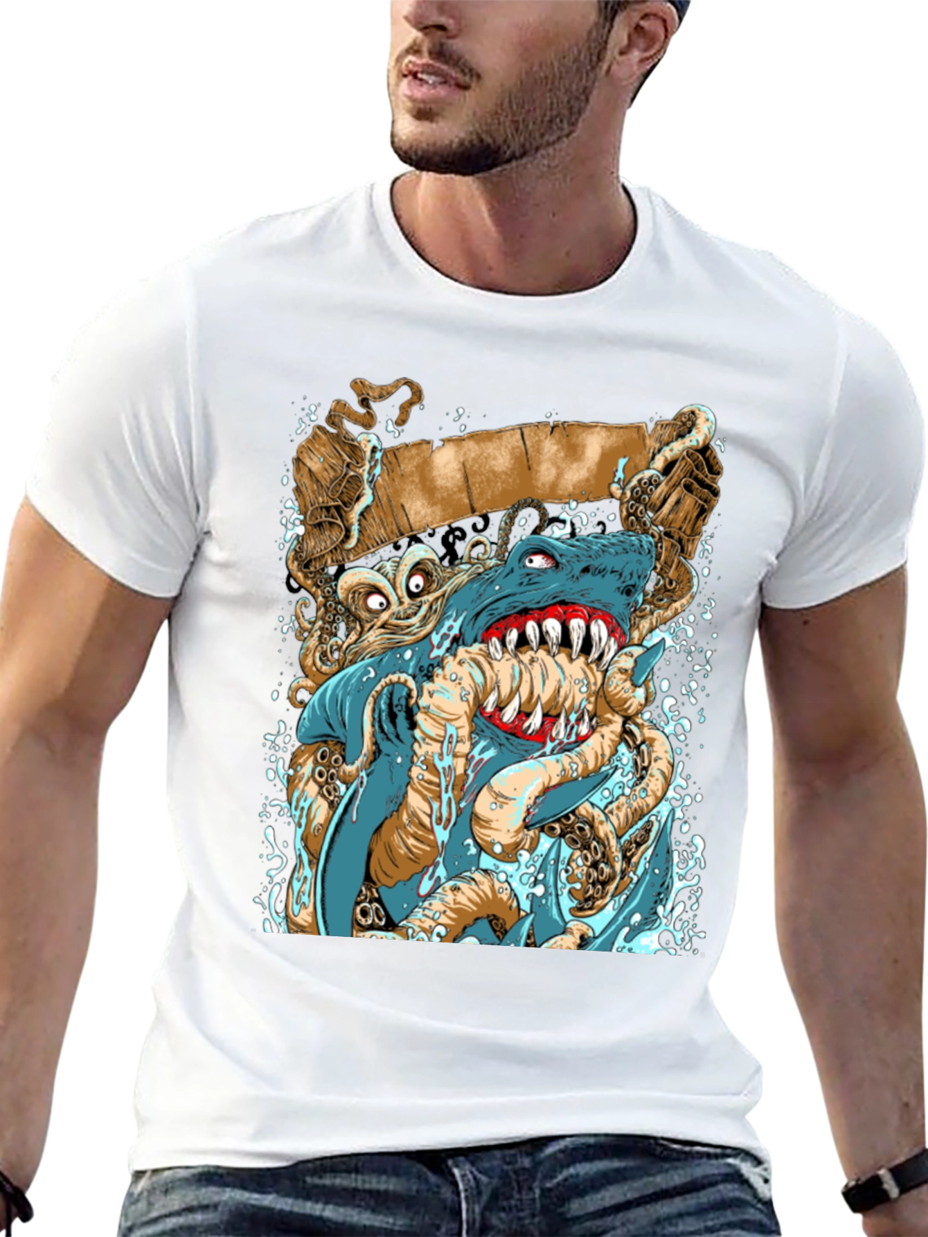 Shark vs Octopus Graphic Print Black Tee