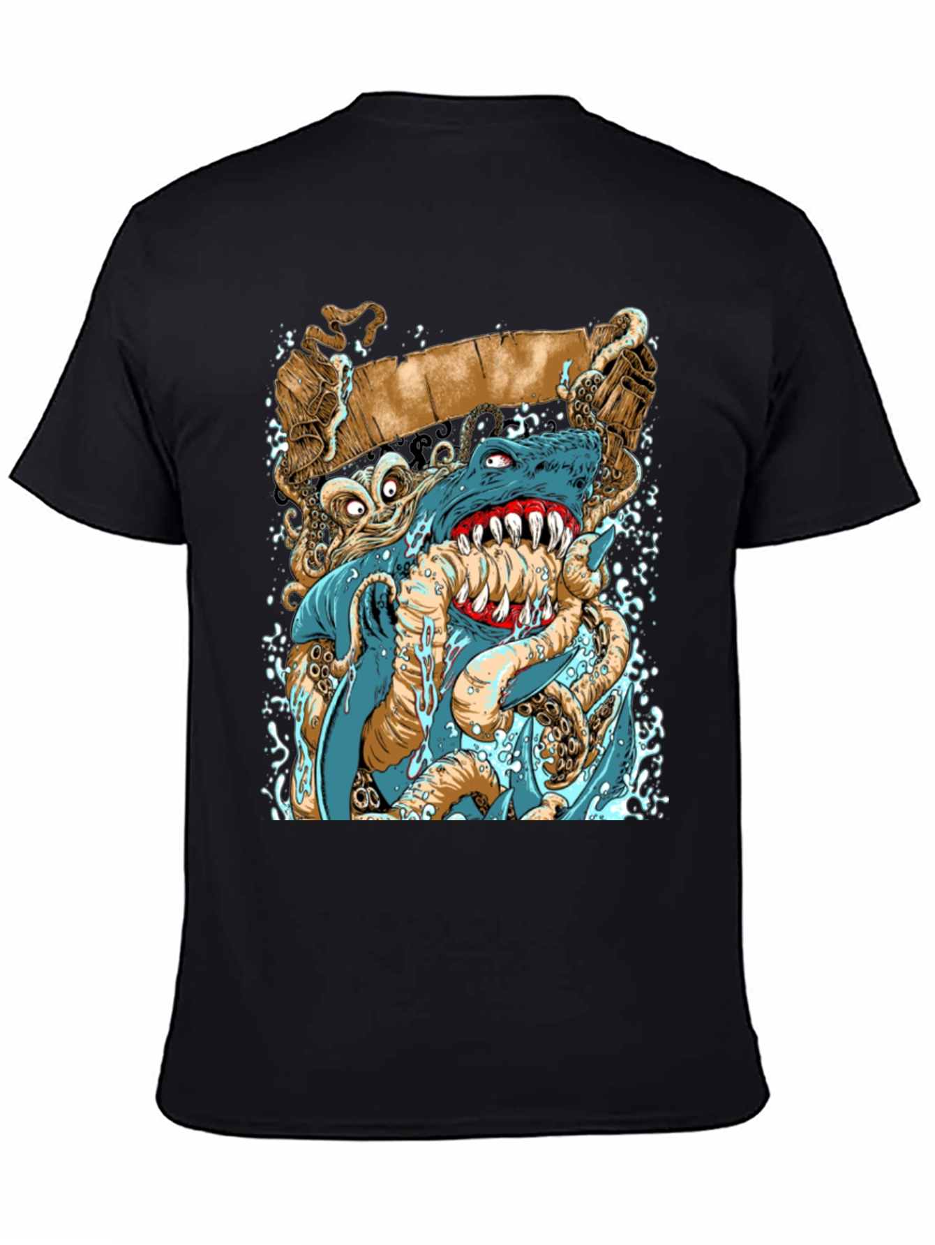Shark vs Octopus Graphic Print Black Tee