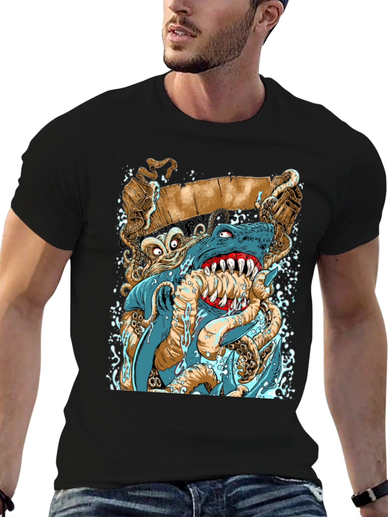 Shark vs Octopus Graphic Print Black Tee