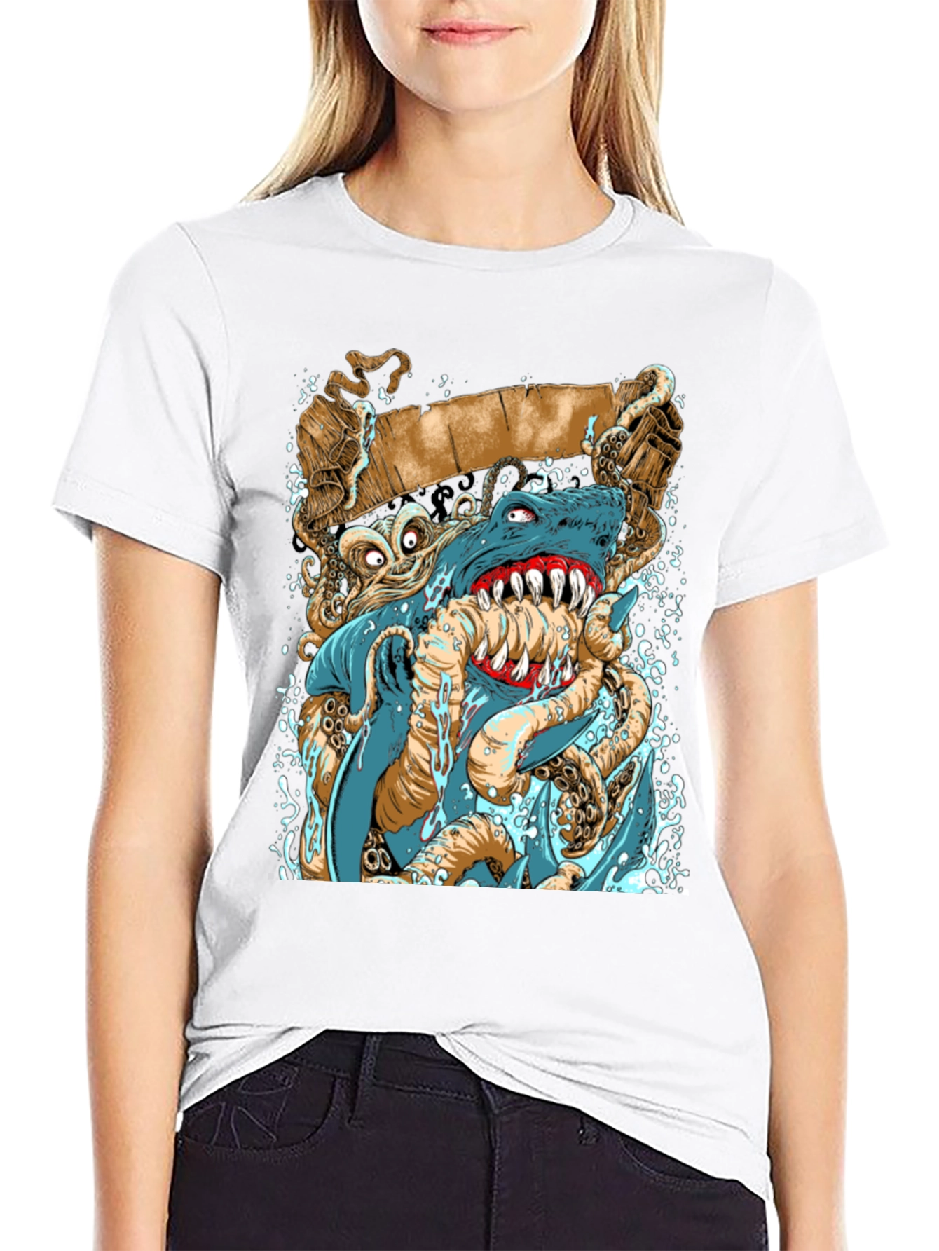 Shark vs Octopus Graphic Print Black Tee