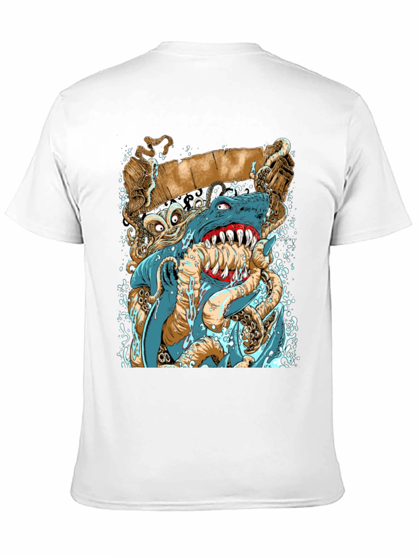 Shark vs Octopus Graphic Print Black Tee