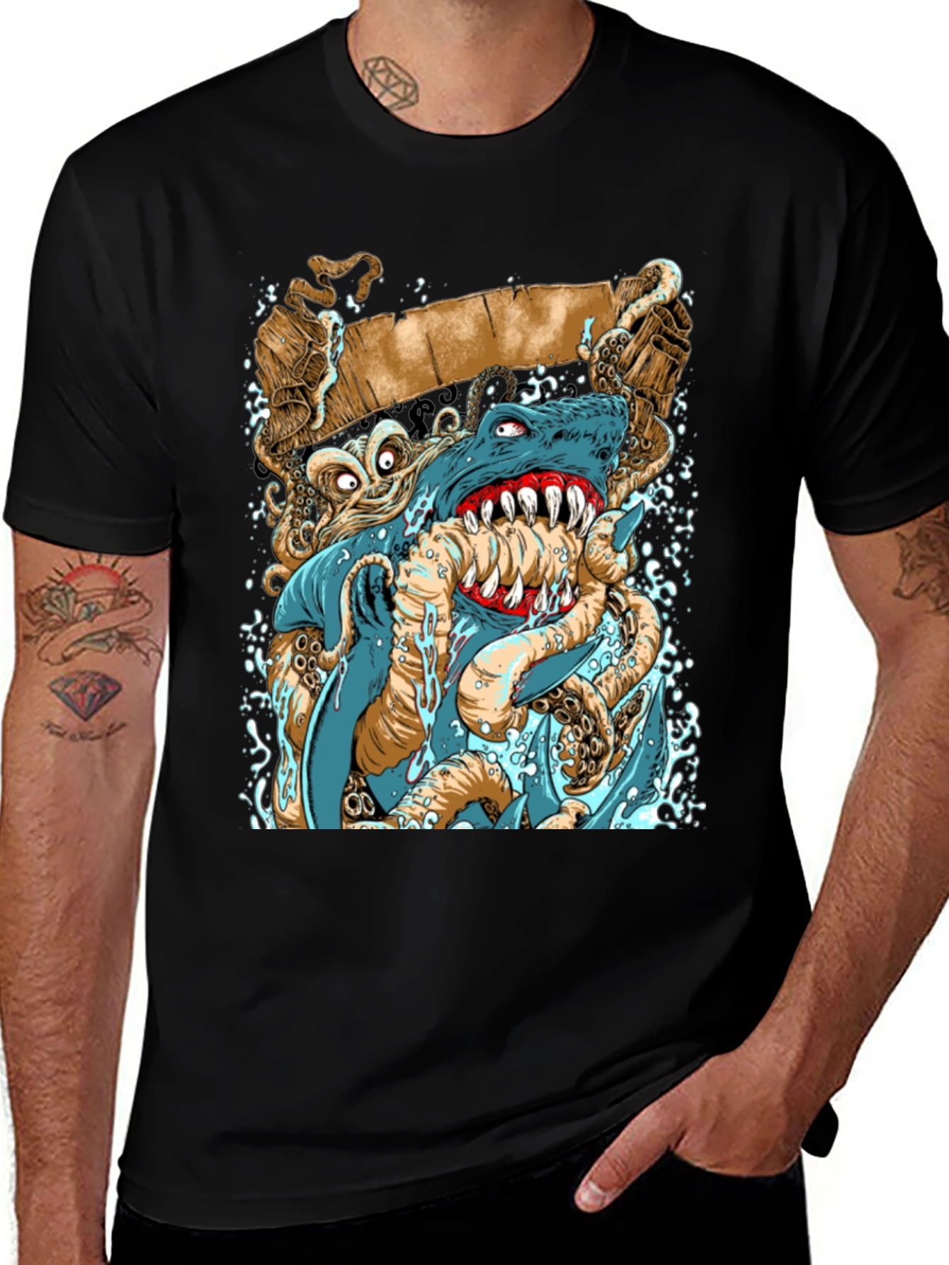 Shark vs Octopus Graphic Print Black Tee