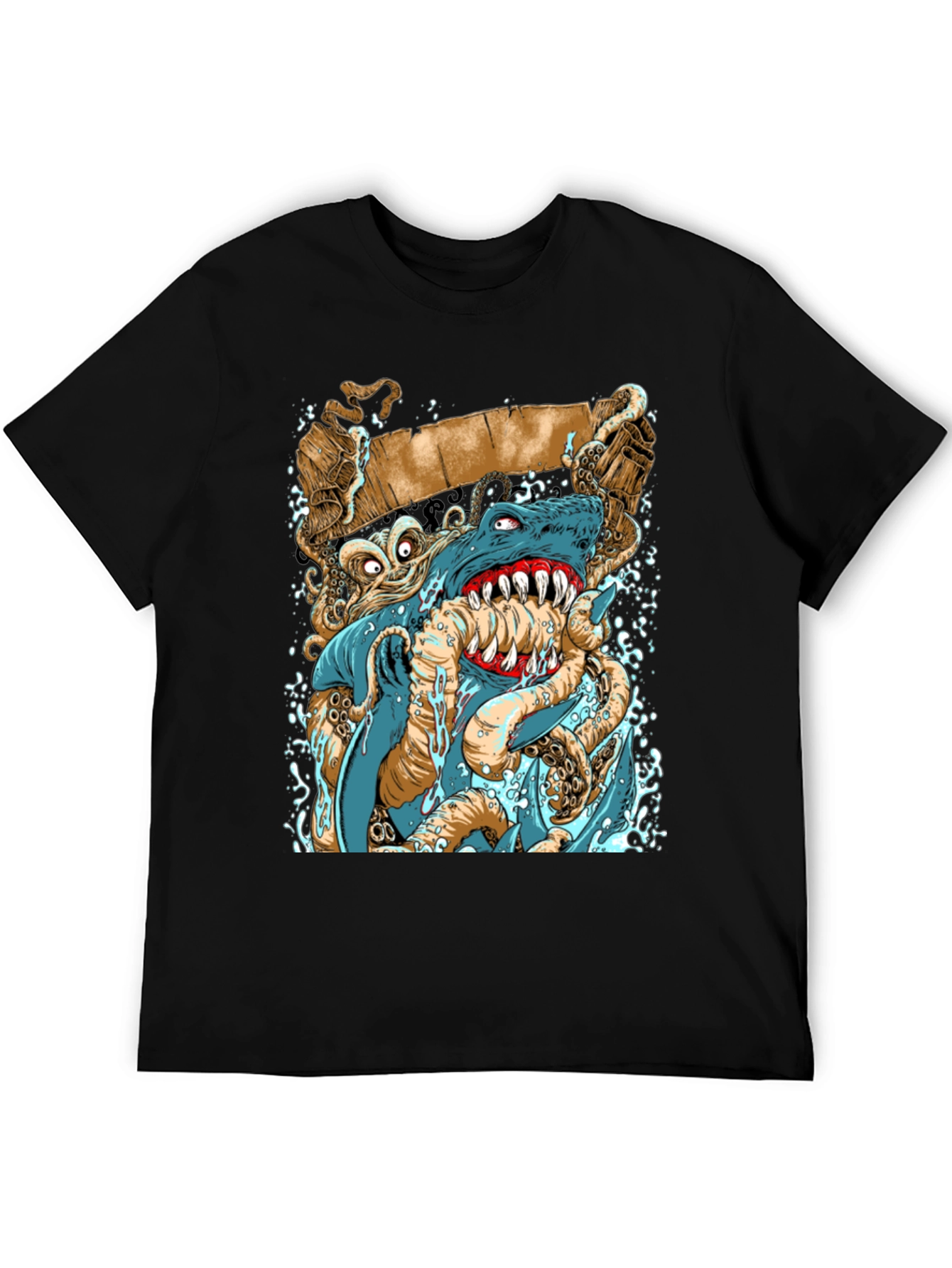 Shark vs Octopus Graphic Print Black Tee