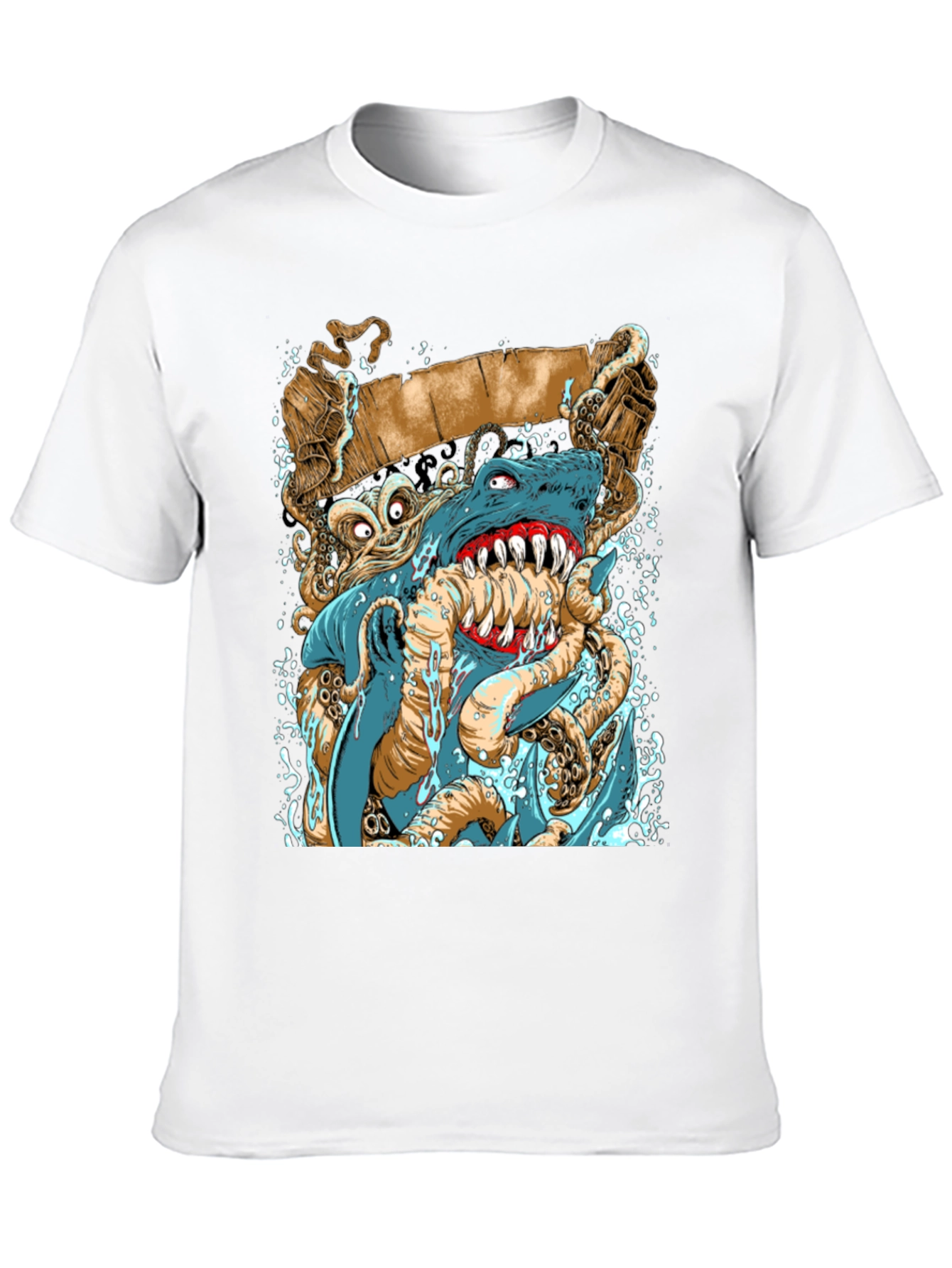 Shark vs Octopus Graphic Print Black Tee