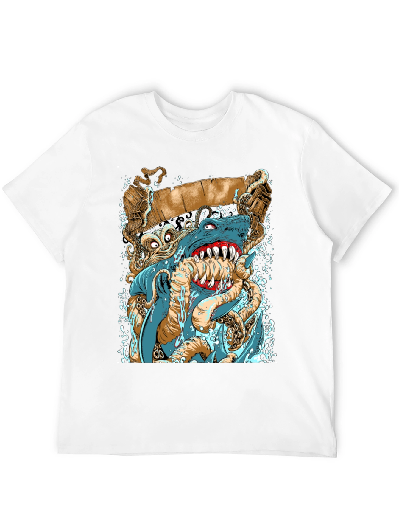 Shark vs Octopus Graphic Print Black Tee