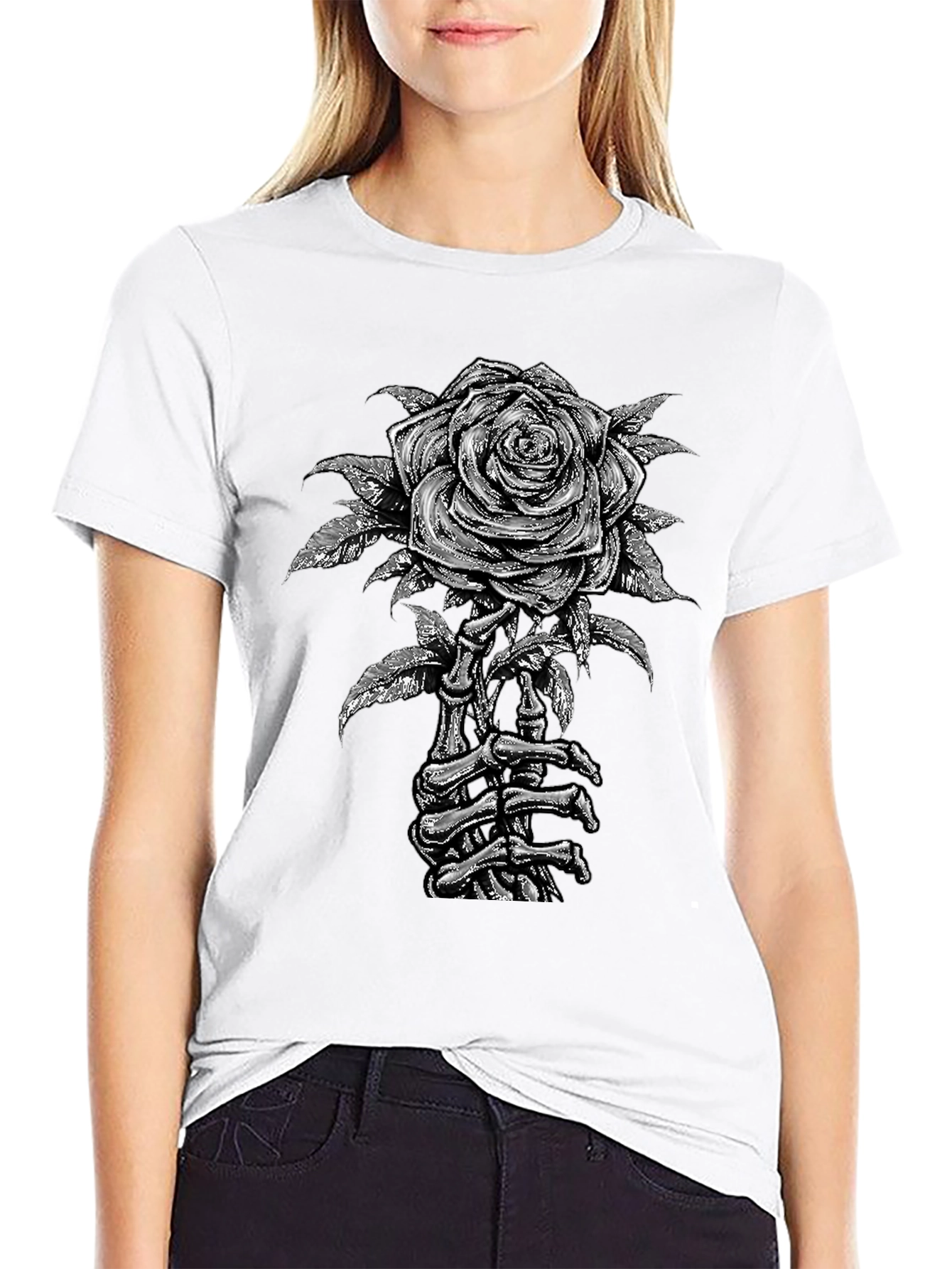 Rose Skeleton Hand Graphic Tee - Gothic Style