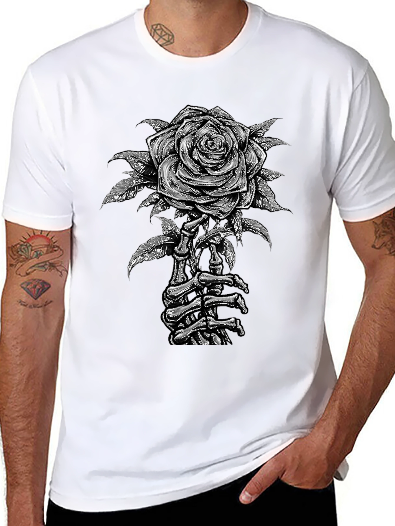 Rose Skeleton Hand Graphic Tee - Gothic Style