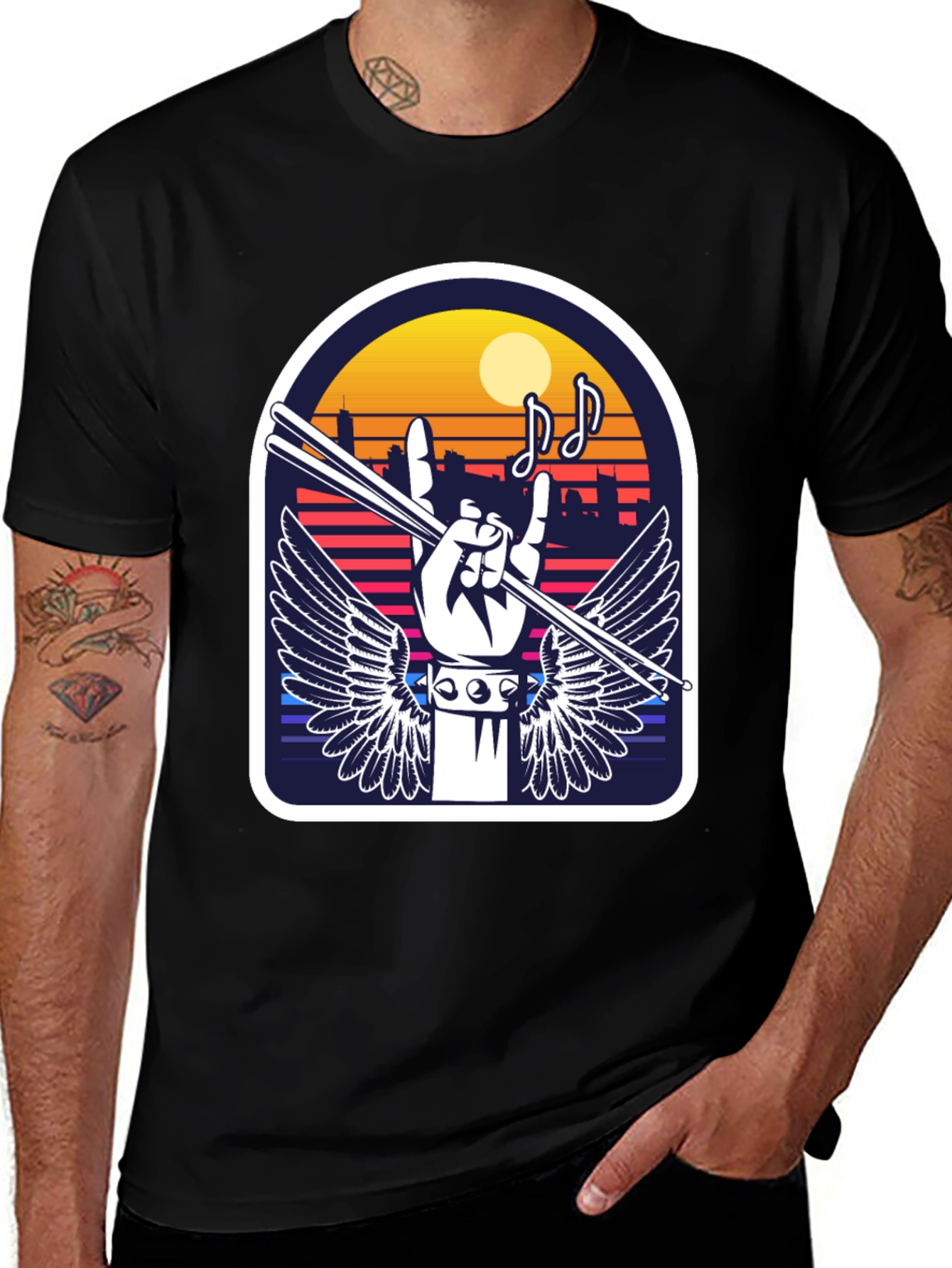 Rock Music Drummer Graphic Tee - Black