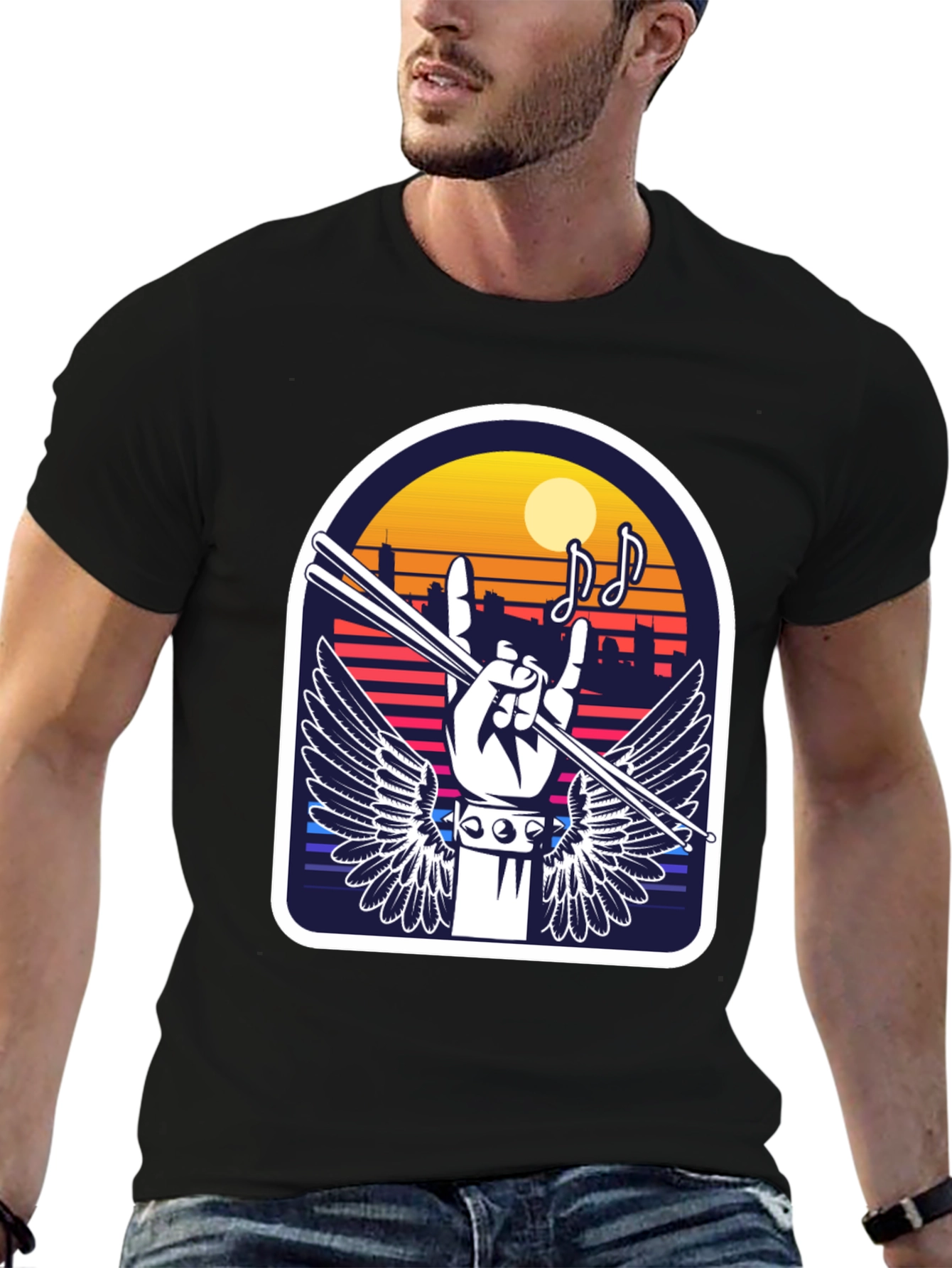 Rock Music Drummer Graphic Tee - Black
