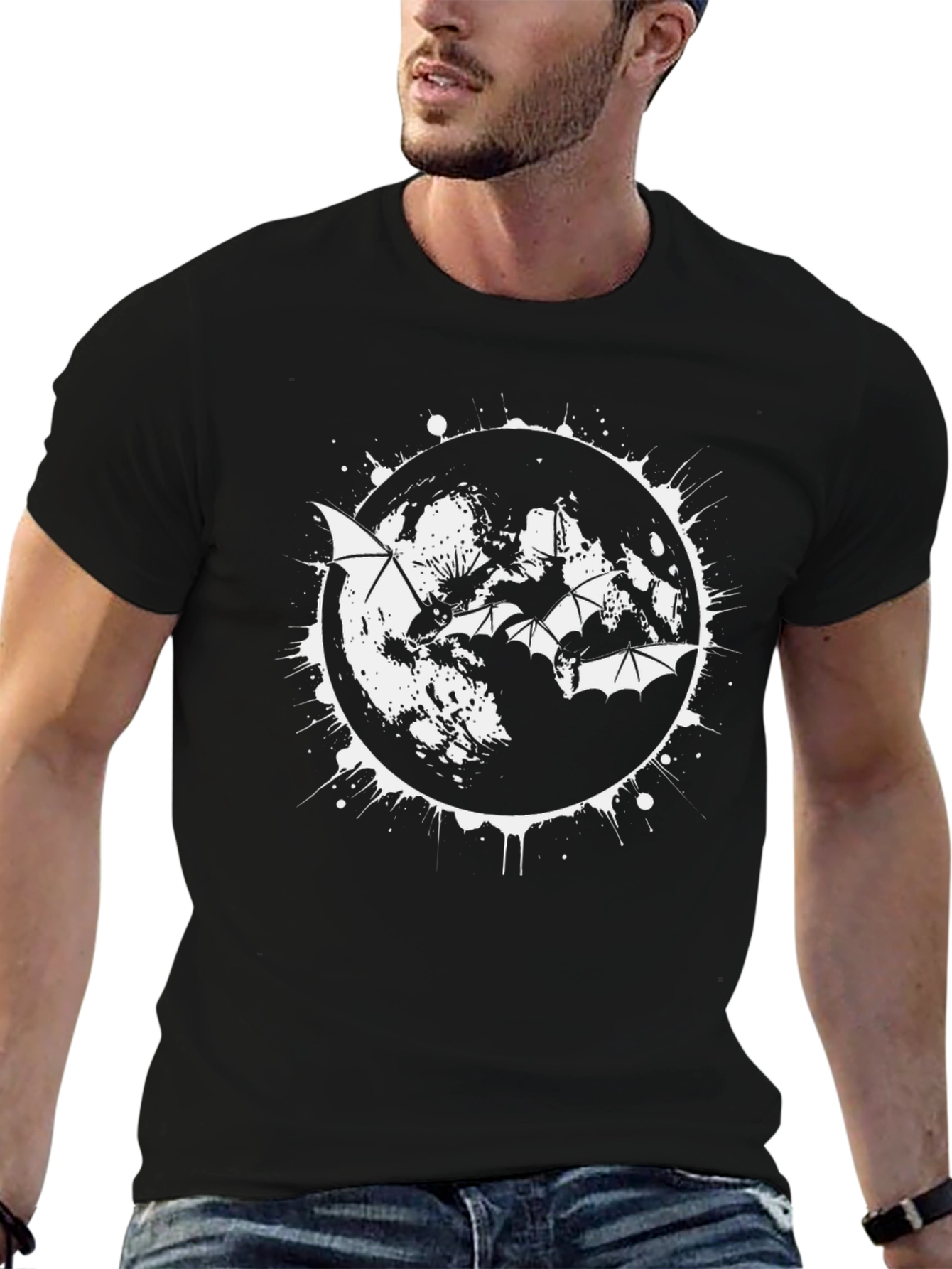 Bat Moon Graphic T-Shirt - Modern Halloween Design
