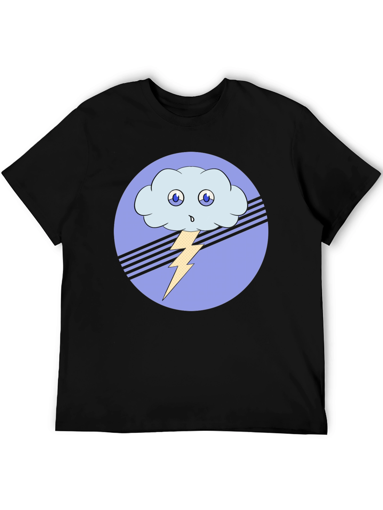 Cartoon Cloud & Lightning Bolt Black T-Shirt