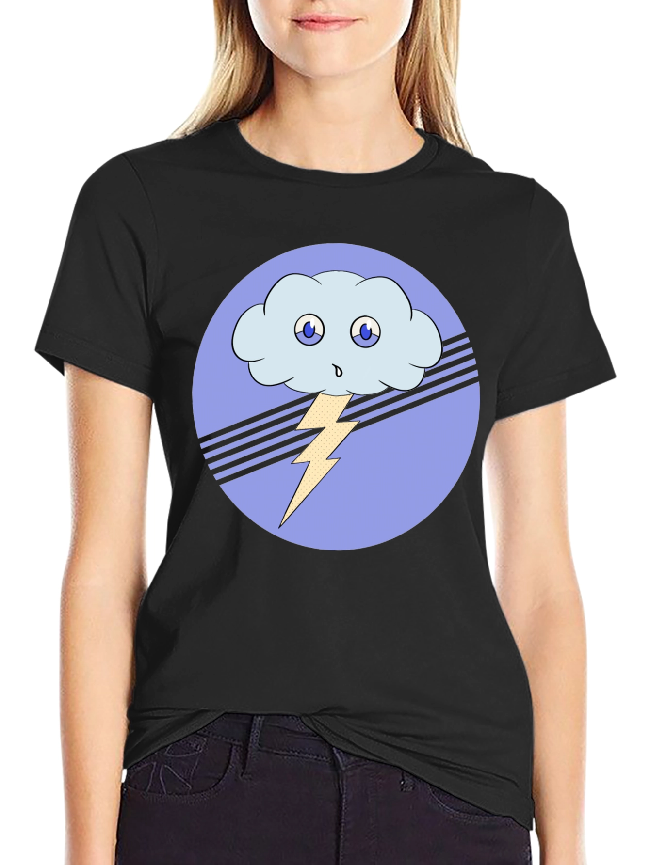 Cartoon Cloud & Lightning Bolt Black T-Shirt