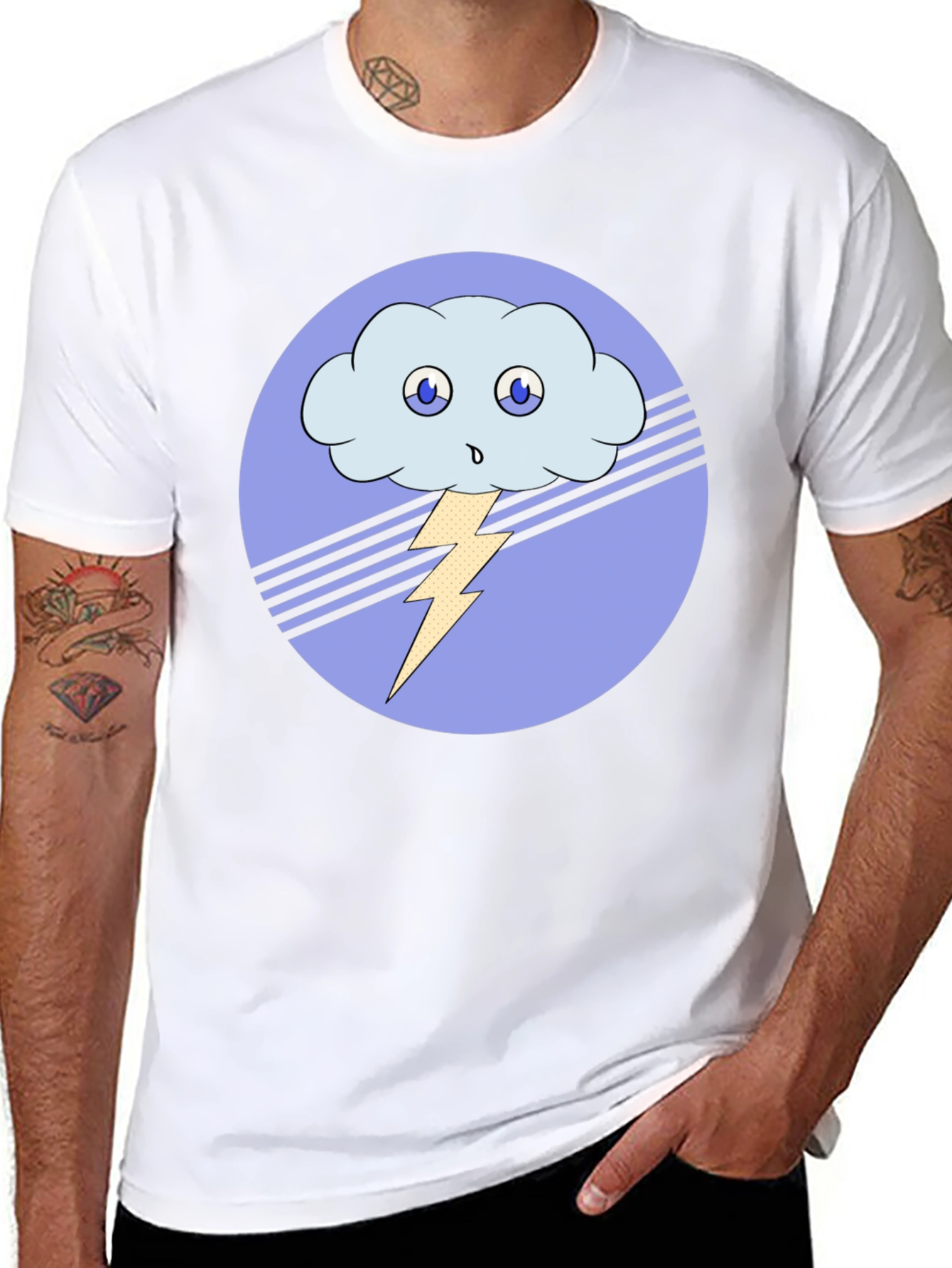 Cartoon Cloud & Lightning Bolt Black T-Shirt