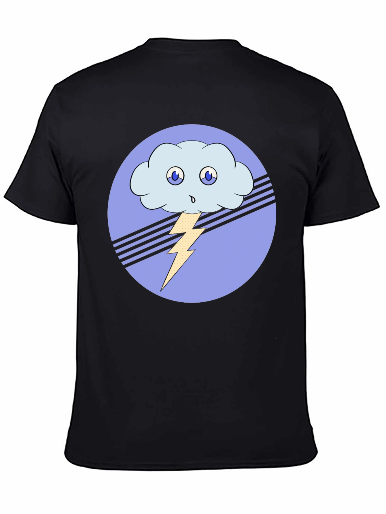 Cartoon Cloud & Lightning Bolt Black T-Shirt