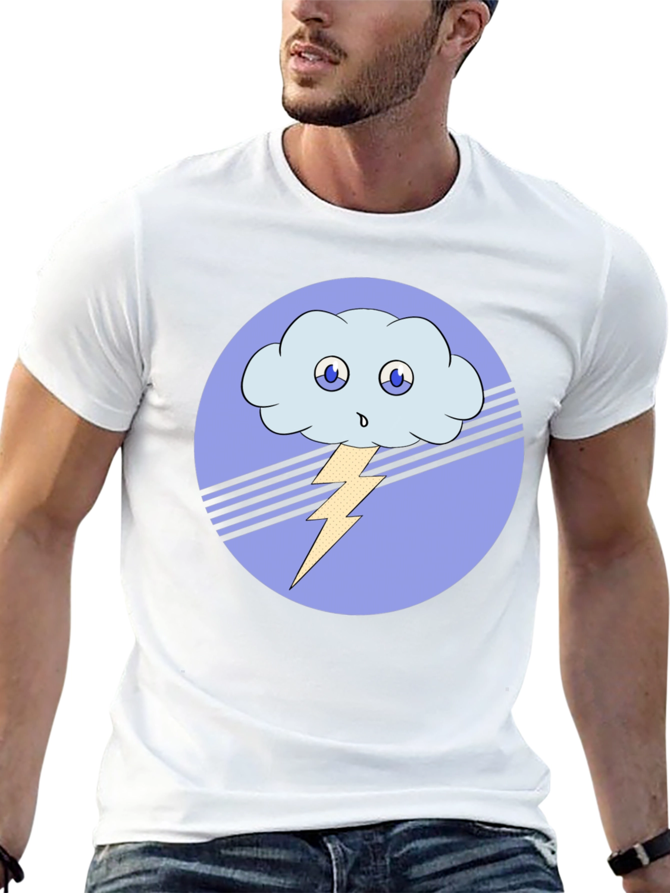 Cartoon Cloud & Lightning Bolt Black T-Shirt
