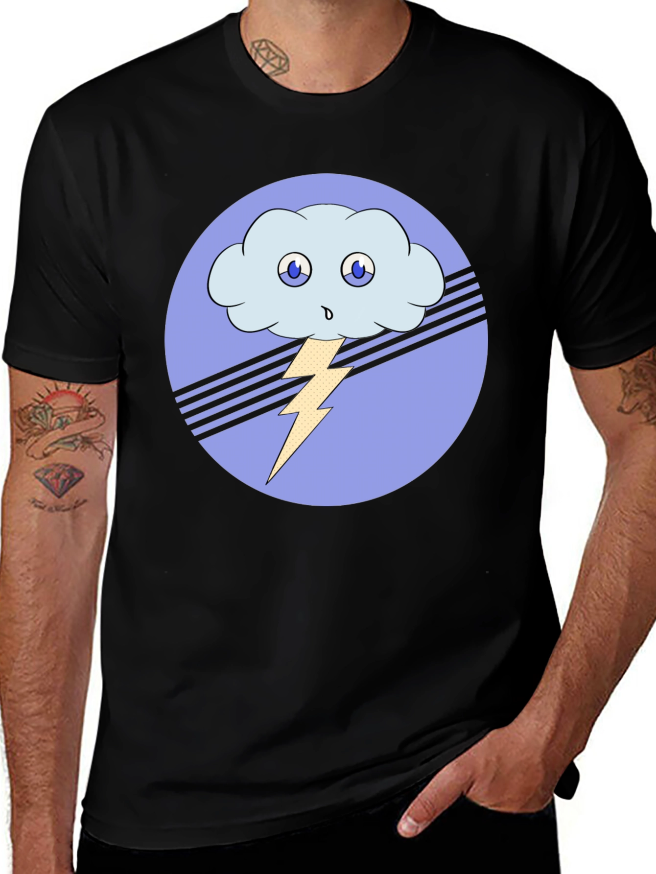 Cartoon Cloud & Lightning Bolt Black T-Shirt