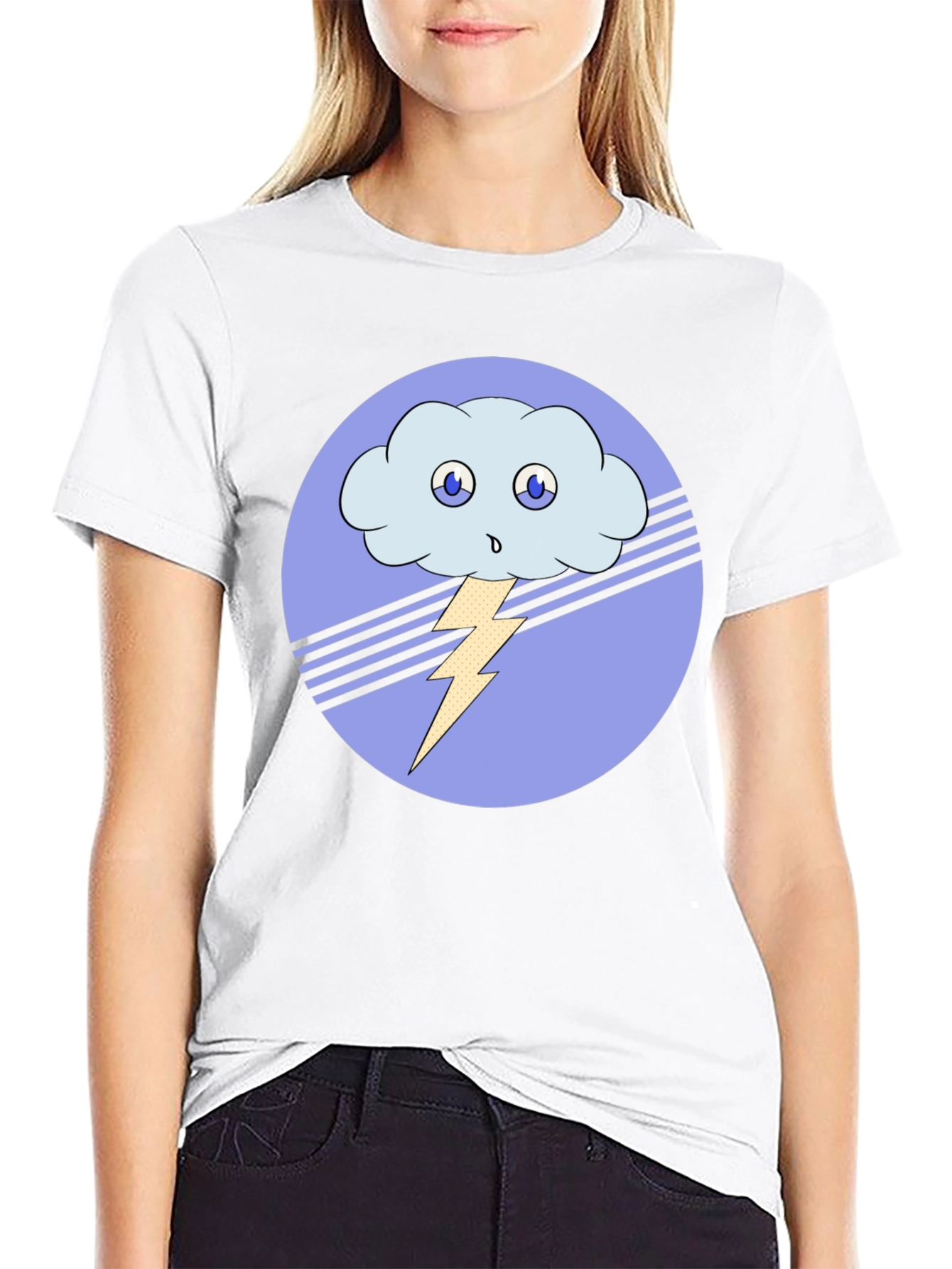 Cartoon Cloud & Lightning Bolt Black T-Shirt