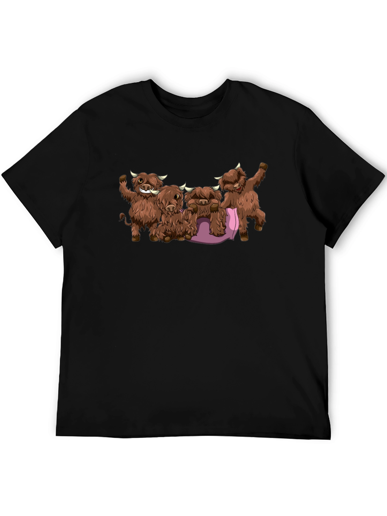 Cartoon Highland Cow Graphic Tee - Black