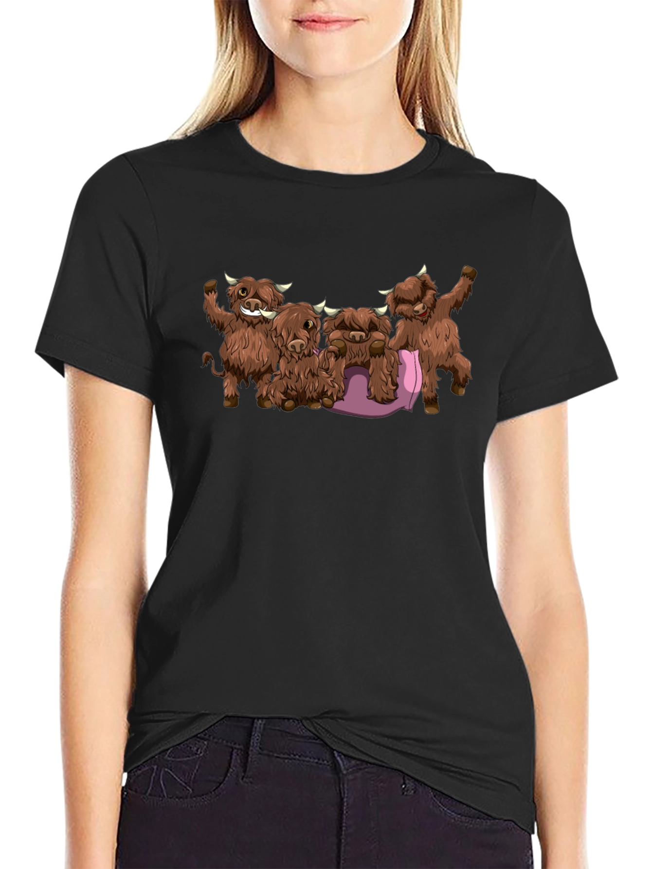 Cartoon Highland Cow Graphic Tee - Black