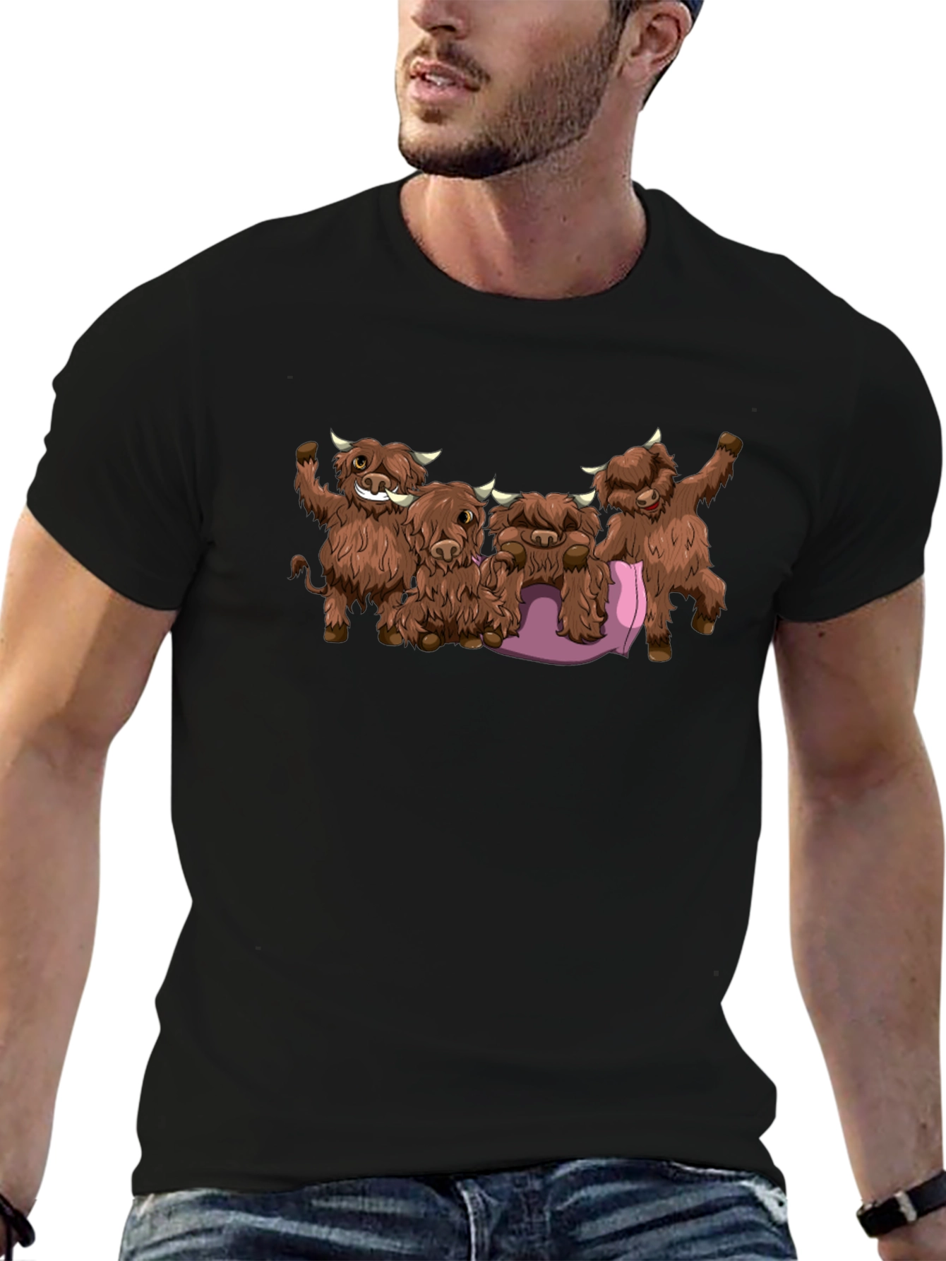 Cartoon Highland Cow Graphic Tee - Black