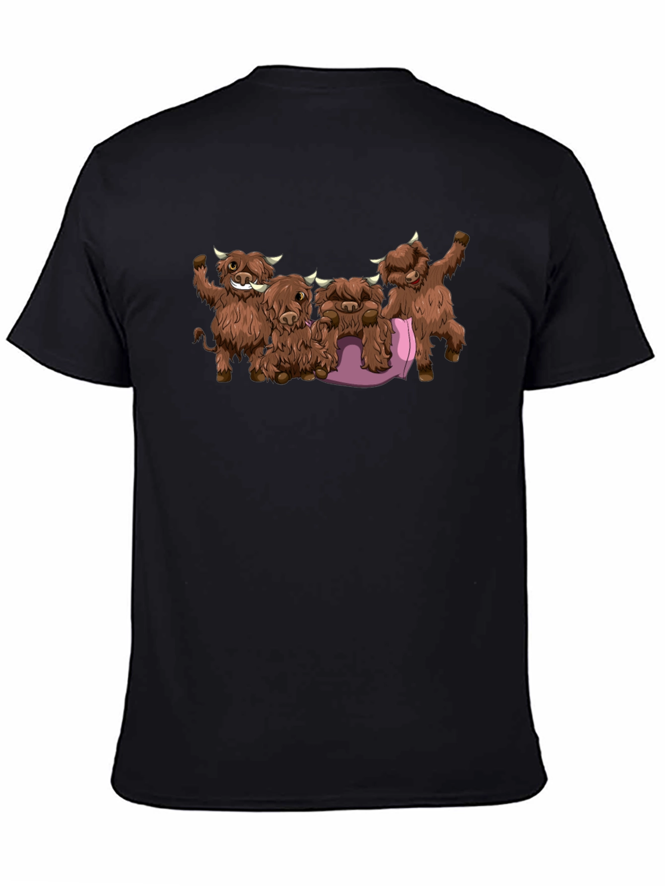 Cartoon Highland Cow Graphic Tee - Black