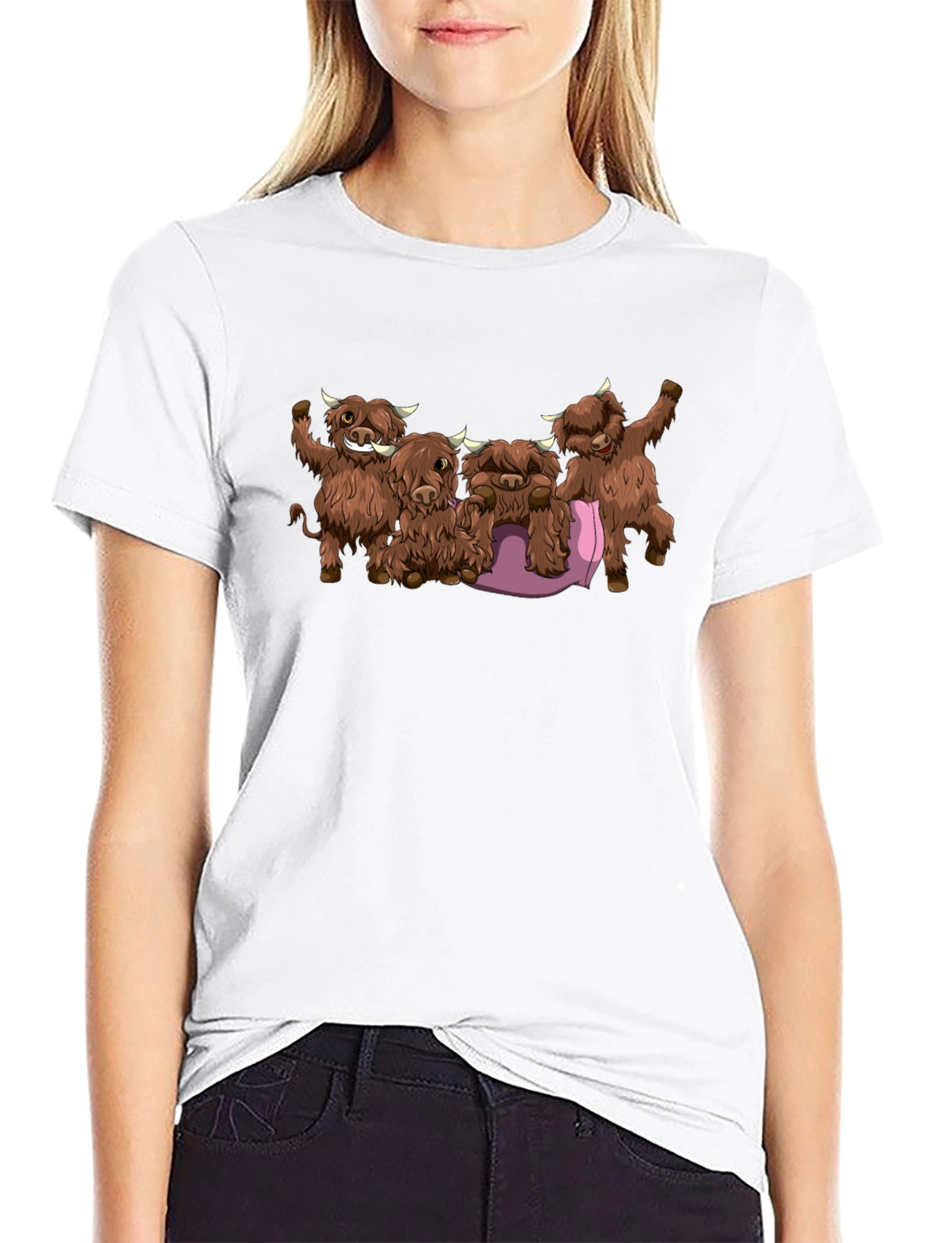 Cartoon Highland Cow Graphic Tee - Black