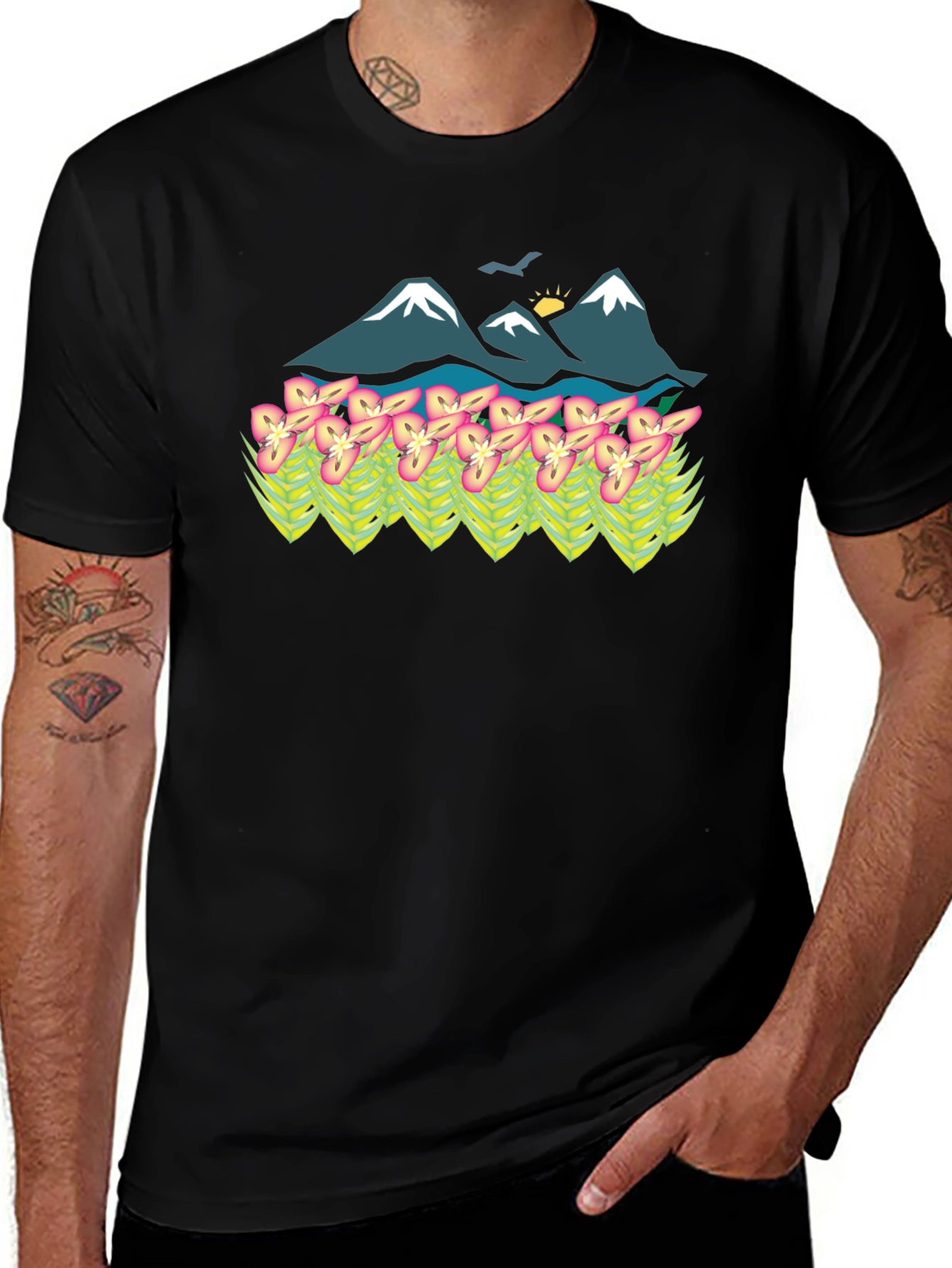 Mountain & Flower Graphic Tee - Black