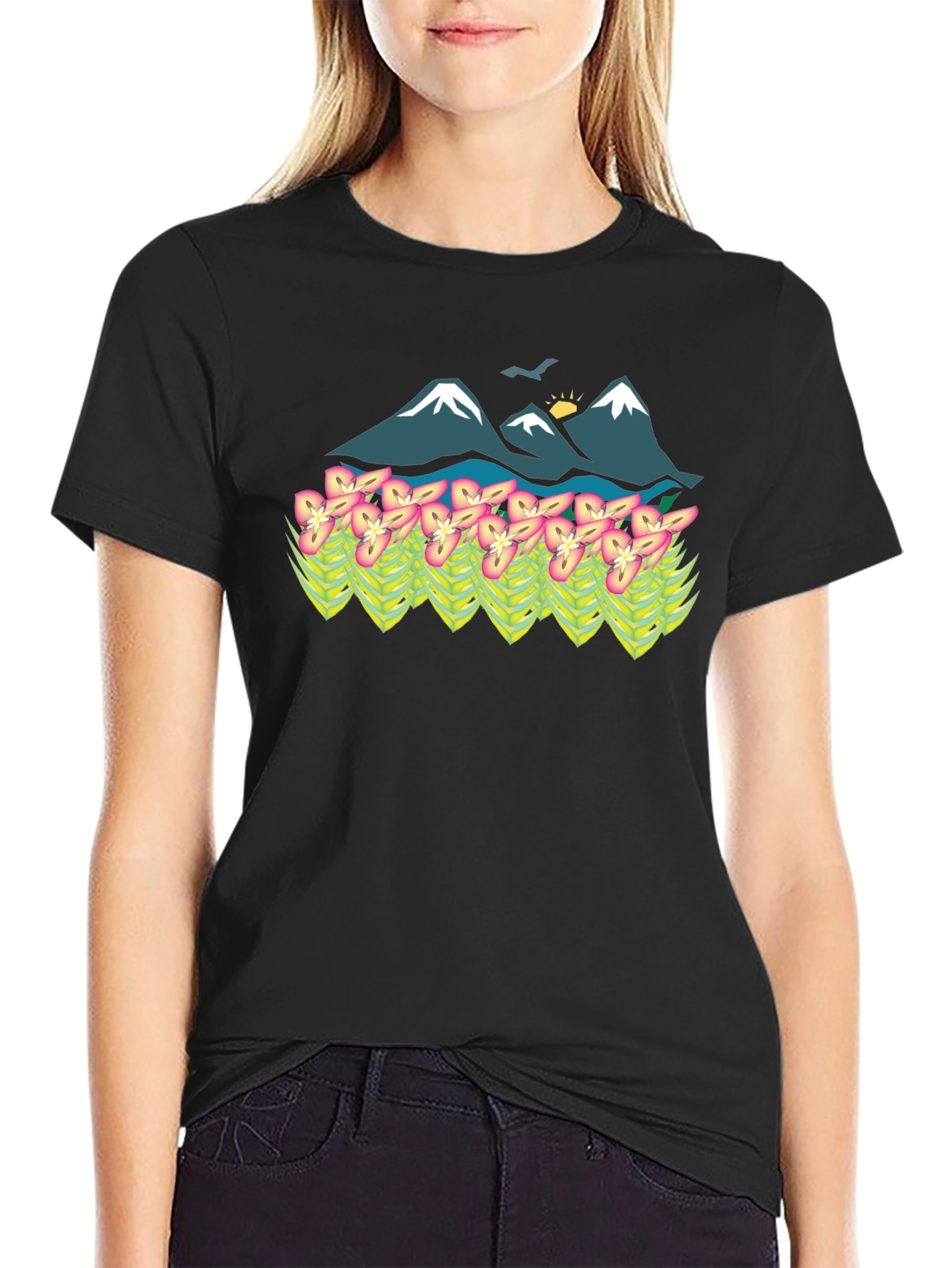 Mountain & Flower Graphic Tee - Black