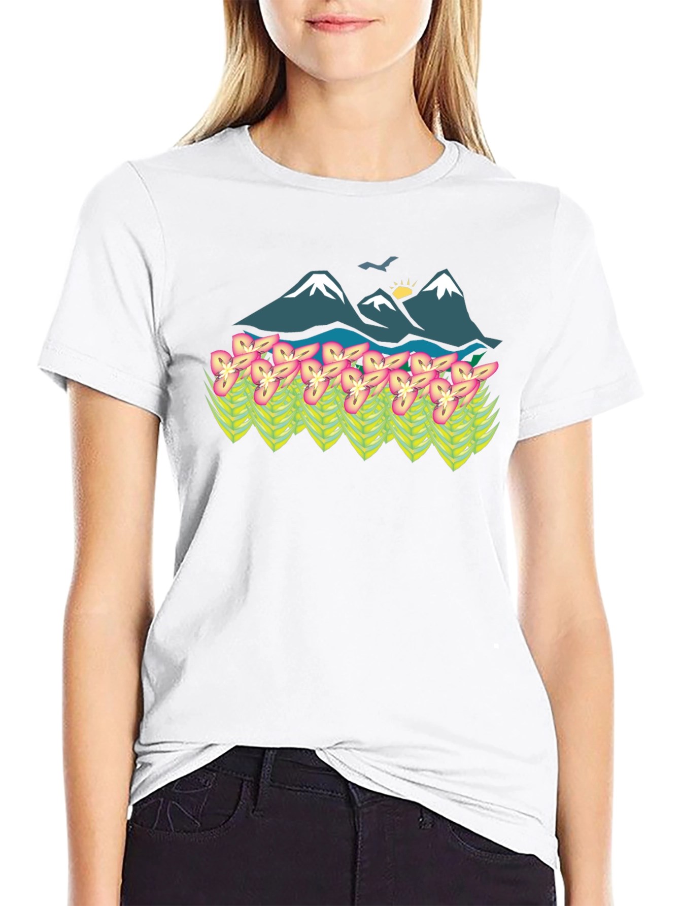Mountain & Flower Graphic Tee - Black