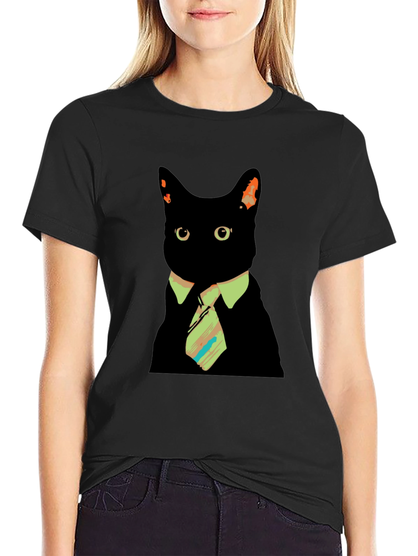 Cool Cat in Tie Graphic Tee - Black