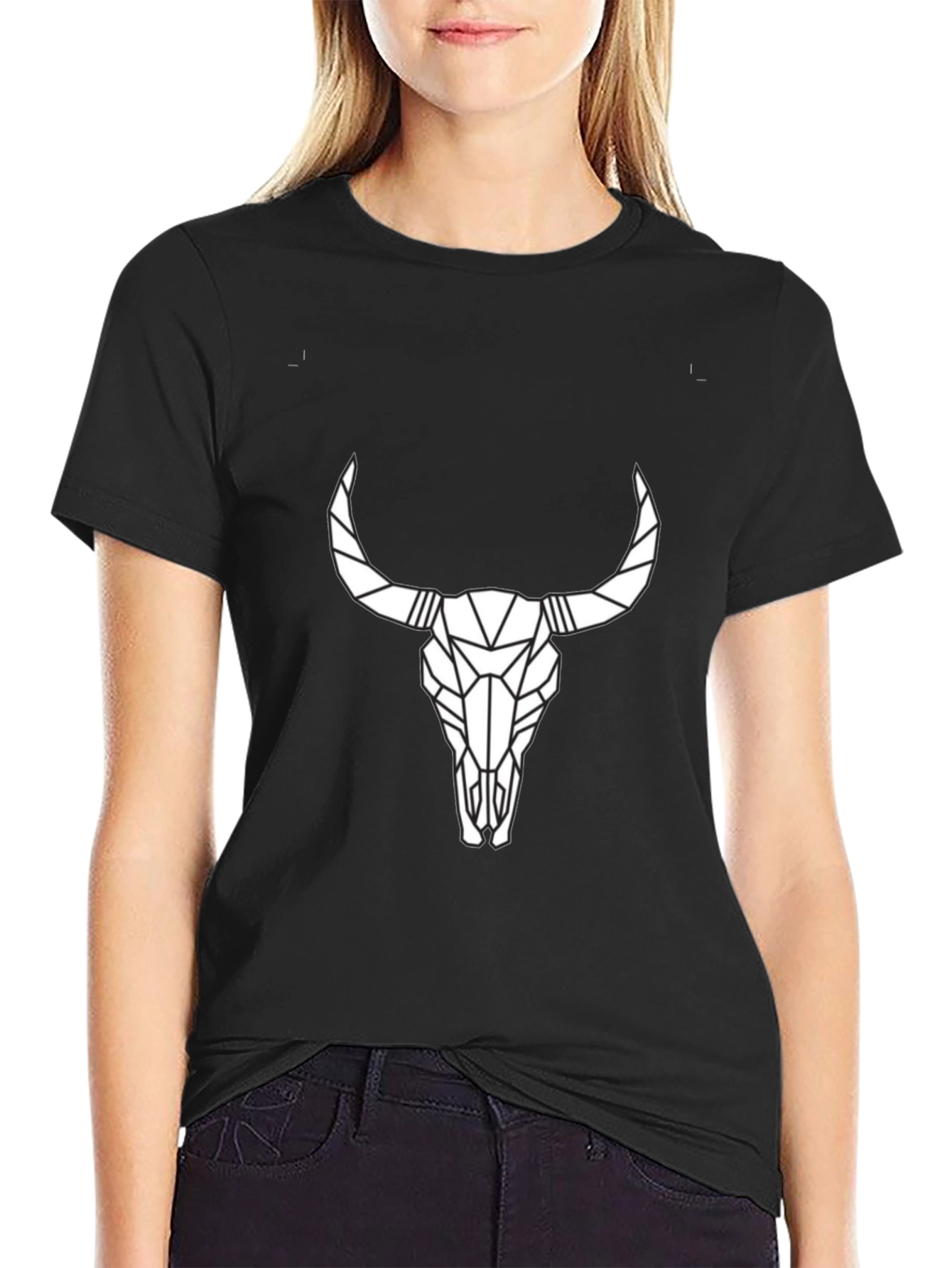 Geometric Bull Skull Graphic Tee - Black