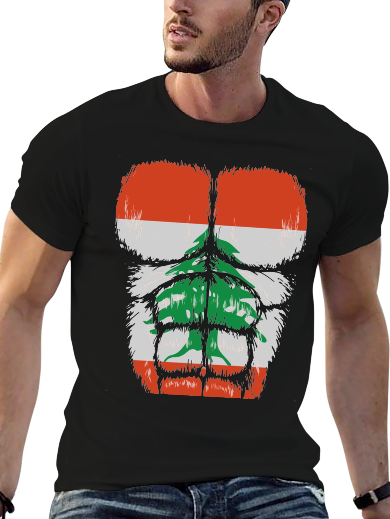 Lebanon Flag Muscle Chest Black T-Shirt