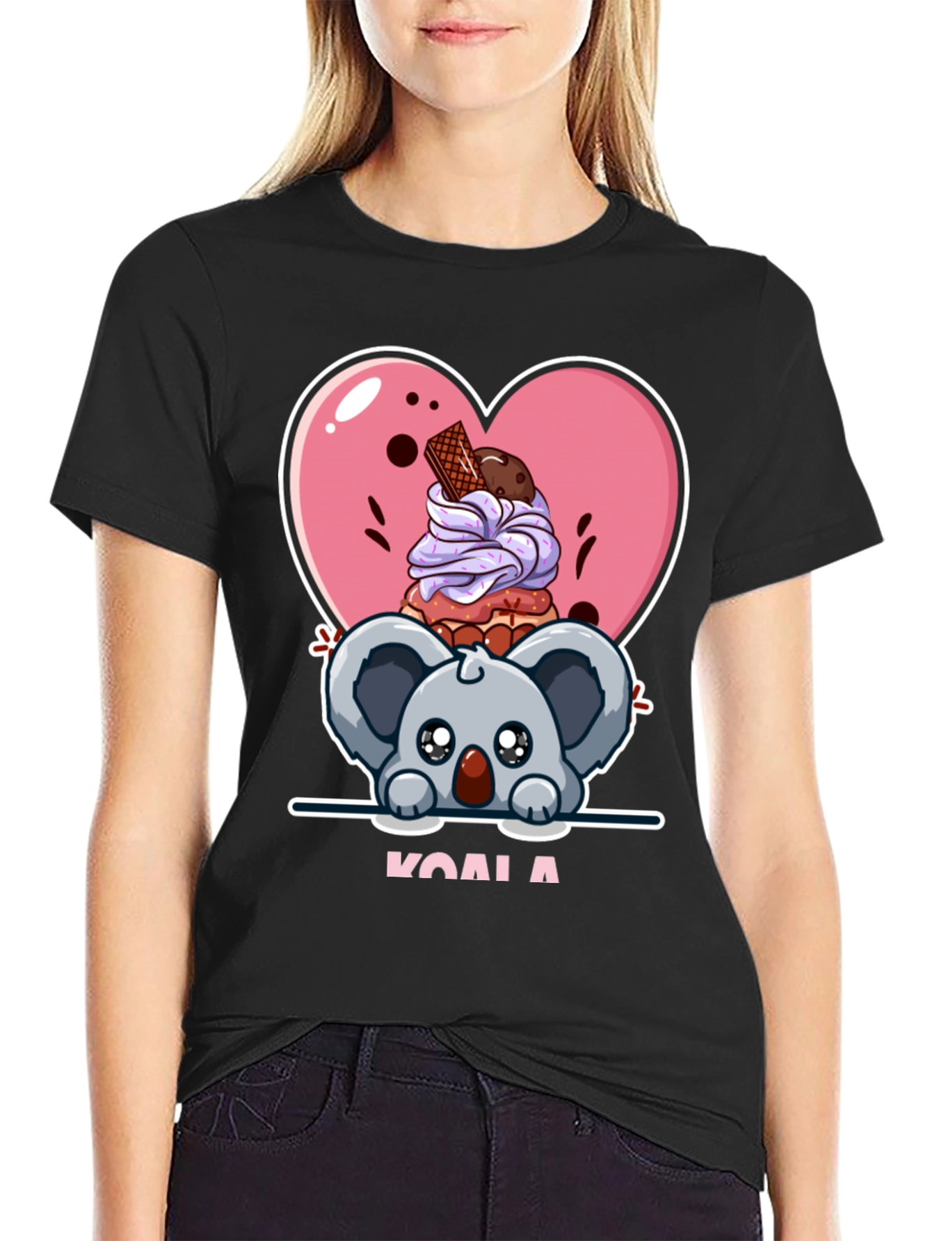 Cute Koala & Dessert Black T-Shirt