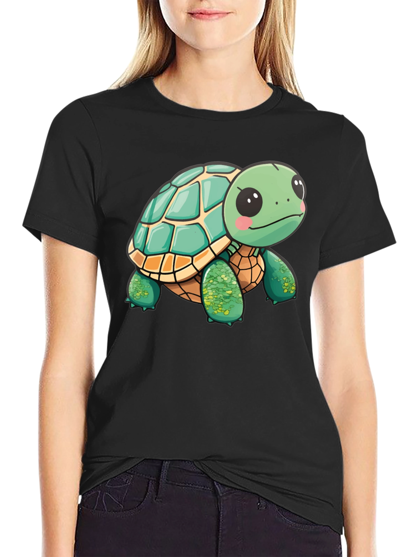 Cute Turtle Graphic Tee - Black