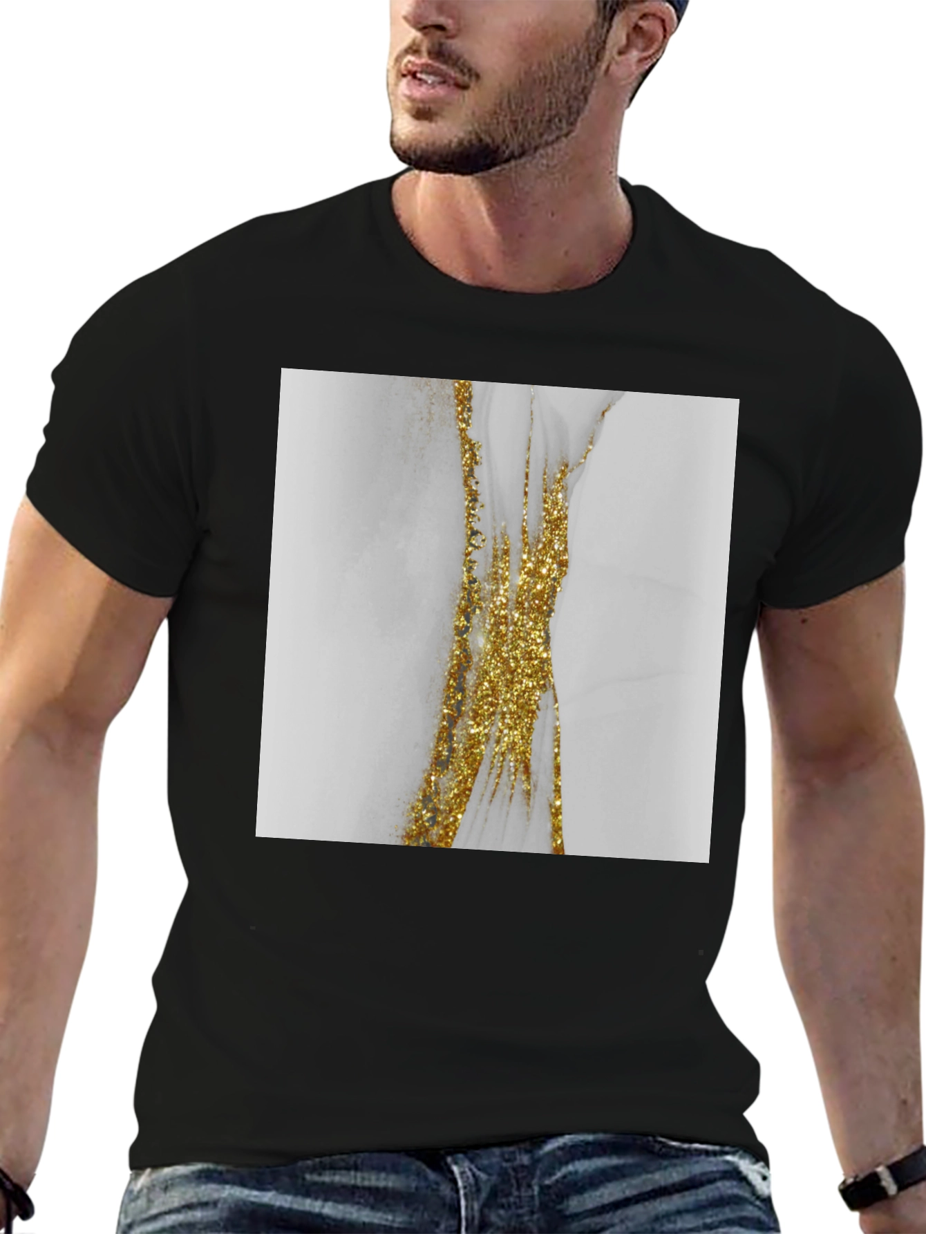 Modern Marble Gold Accent Black T-Shirt