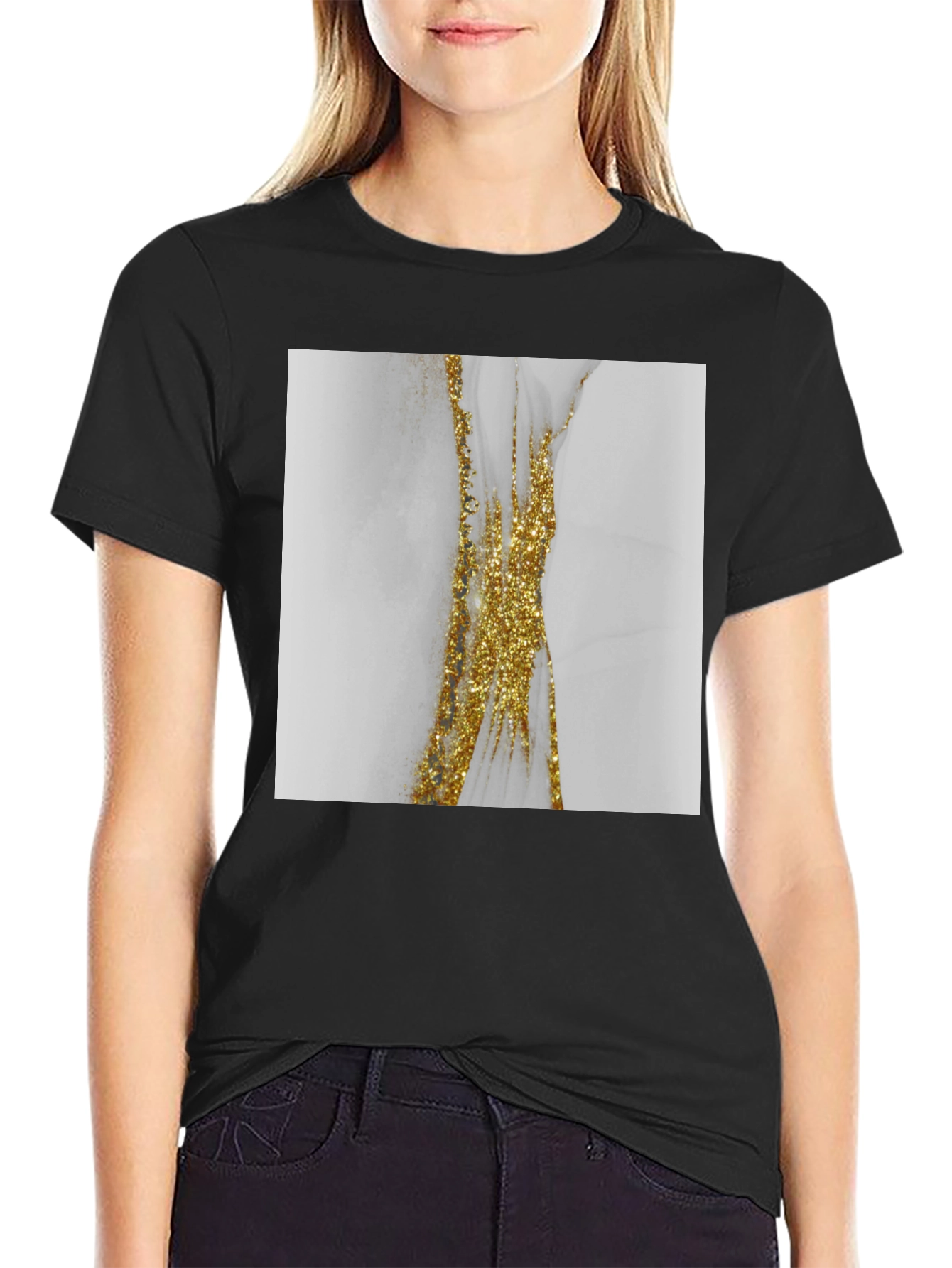 Modern Marble Gold Accent Black T-Shirt