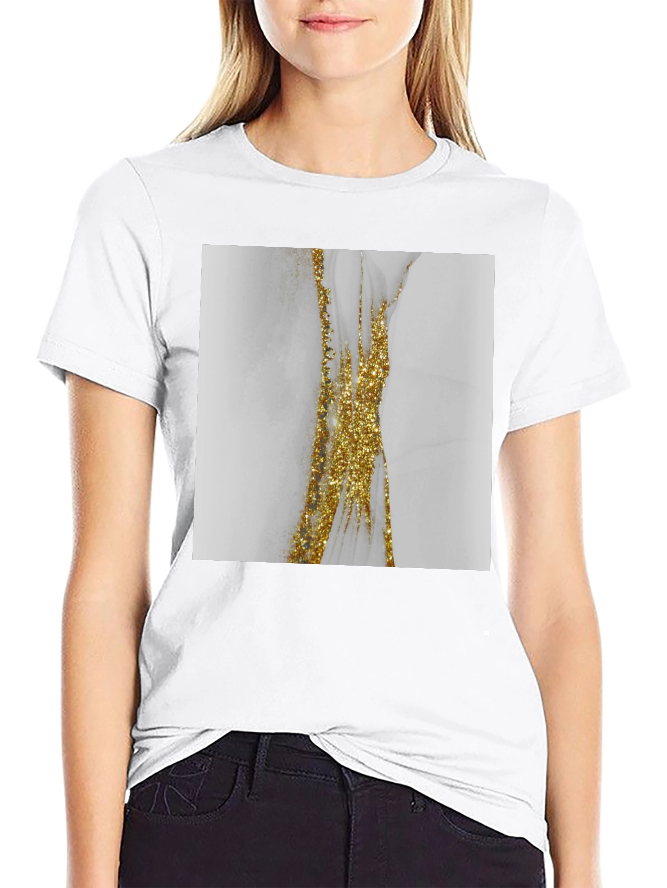Modern Marble Gold Accent Black T-Shirt