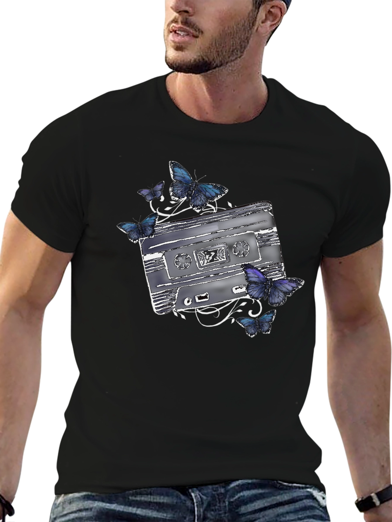 Retro Cassette & Butterfly Graphic T-Shirt