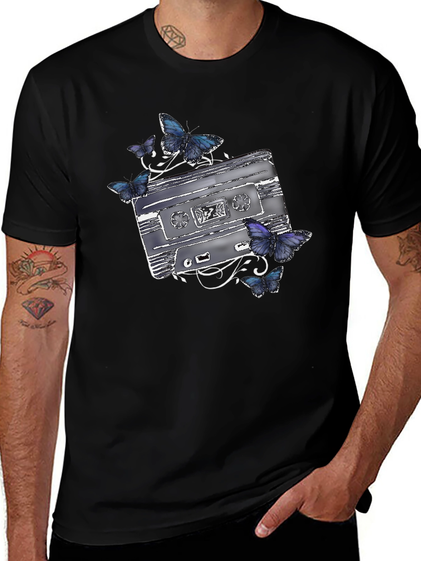 Retro Cassette & Butterfly Graphic T-Shirt