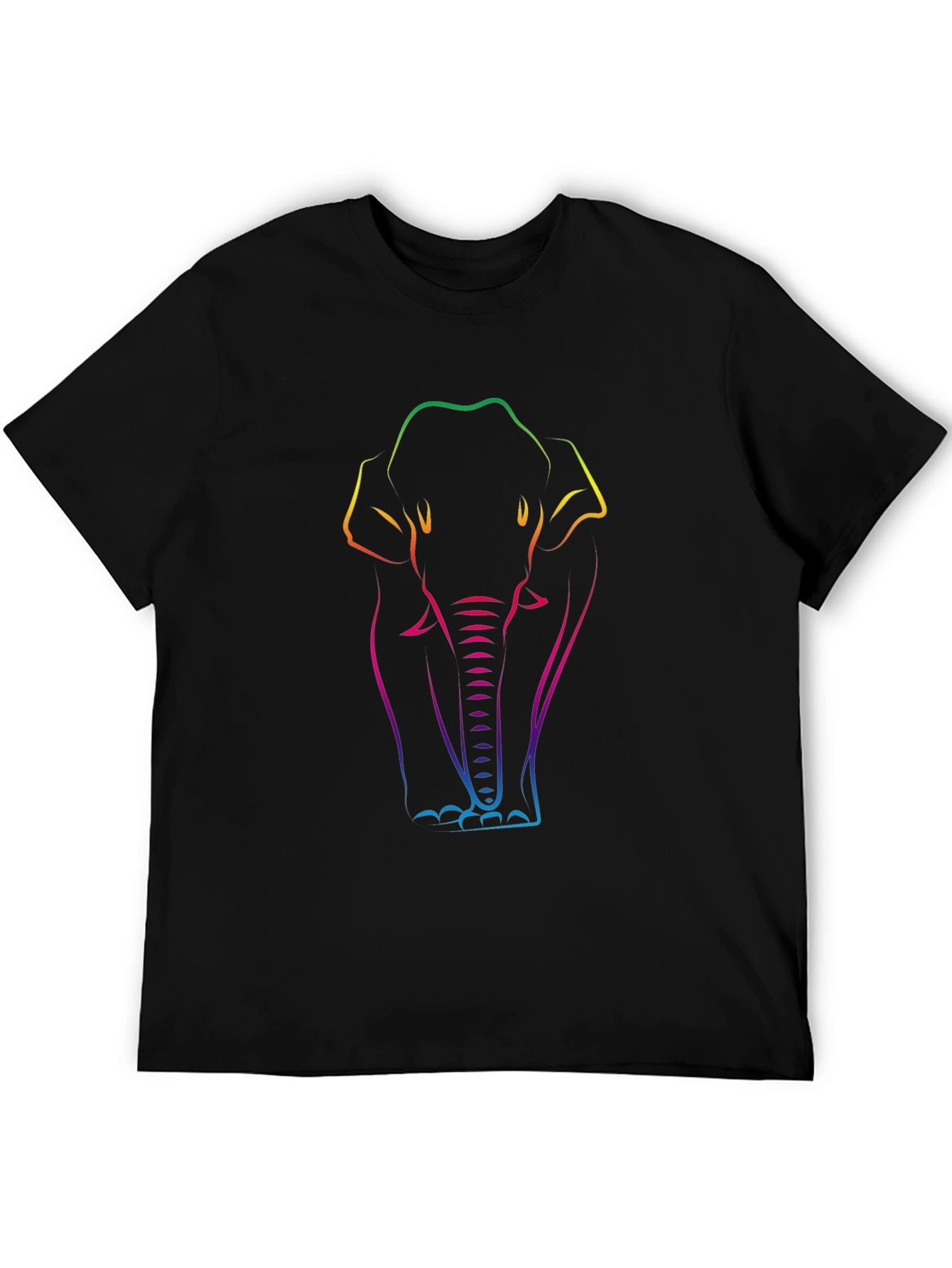 Rainbow Elephant Line Art Black T-Shirt